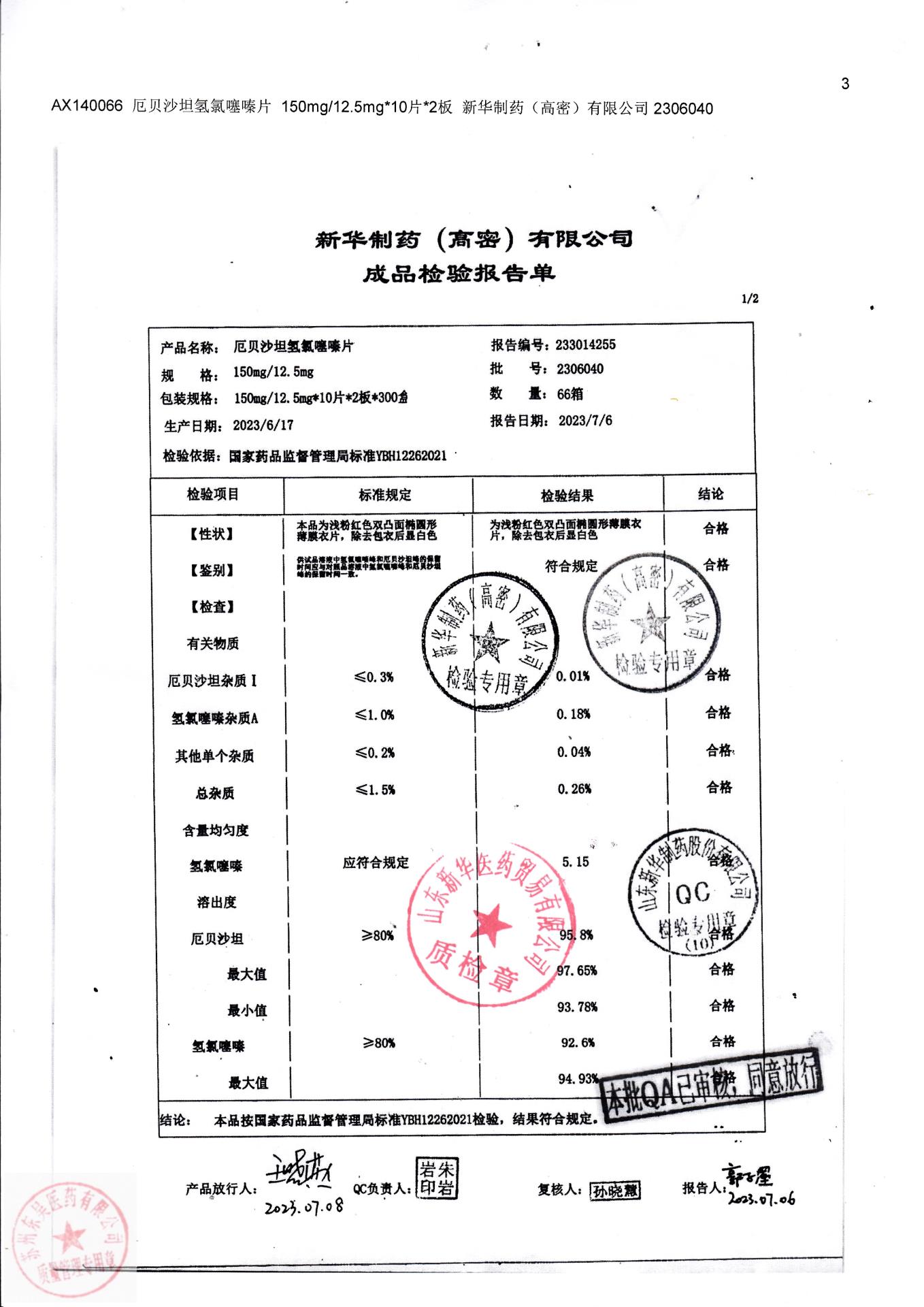 2306040厄贝沙坦氢氯噻嗪片1