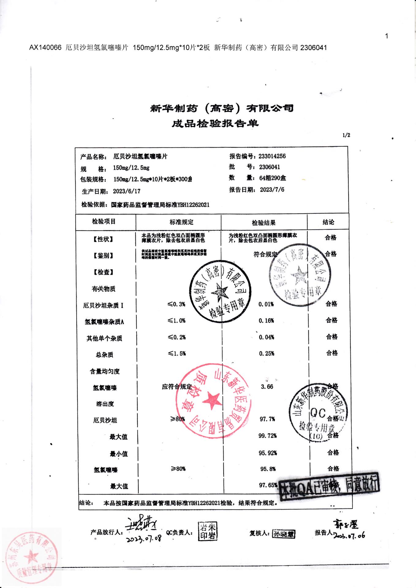 2306041厄贝沙坦氢氯噻嗪片2