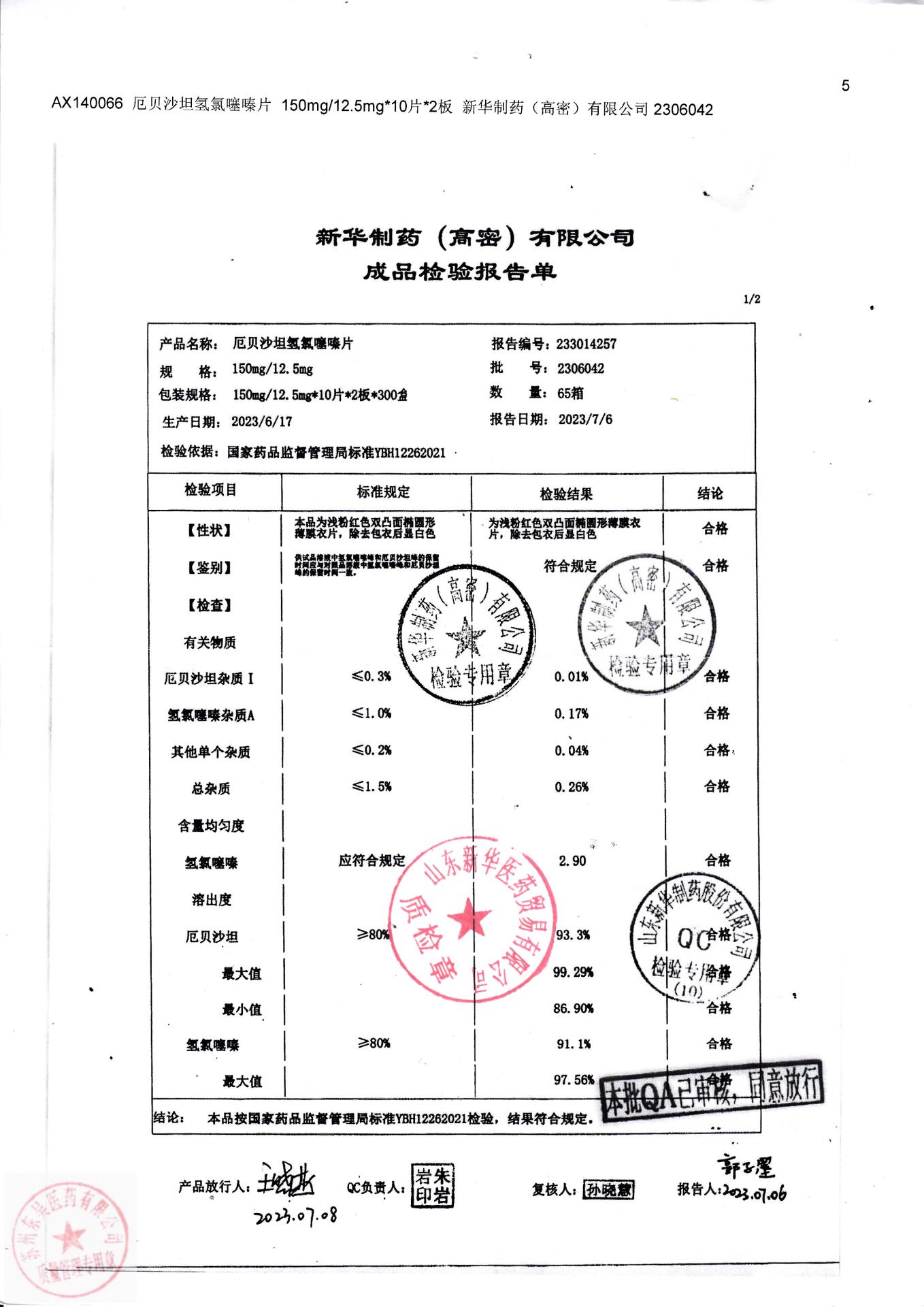 2306042厄贝沙坦氢氯噻嗪片1
