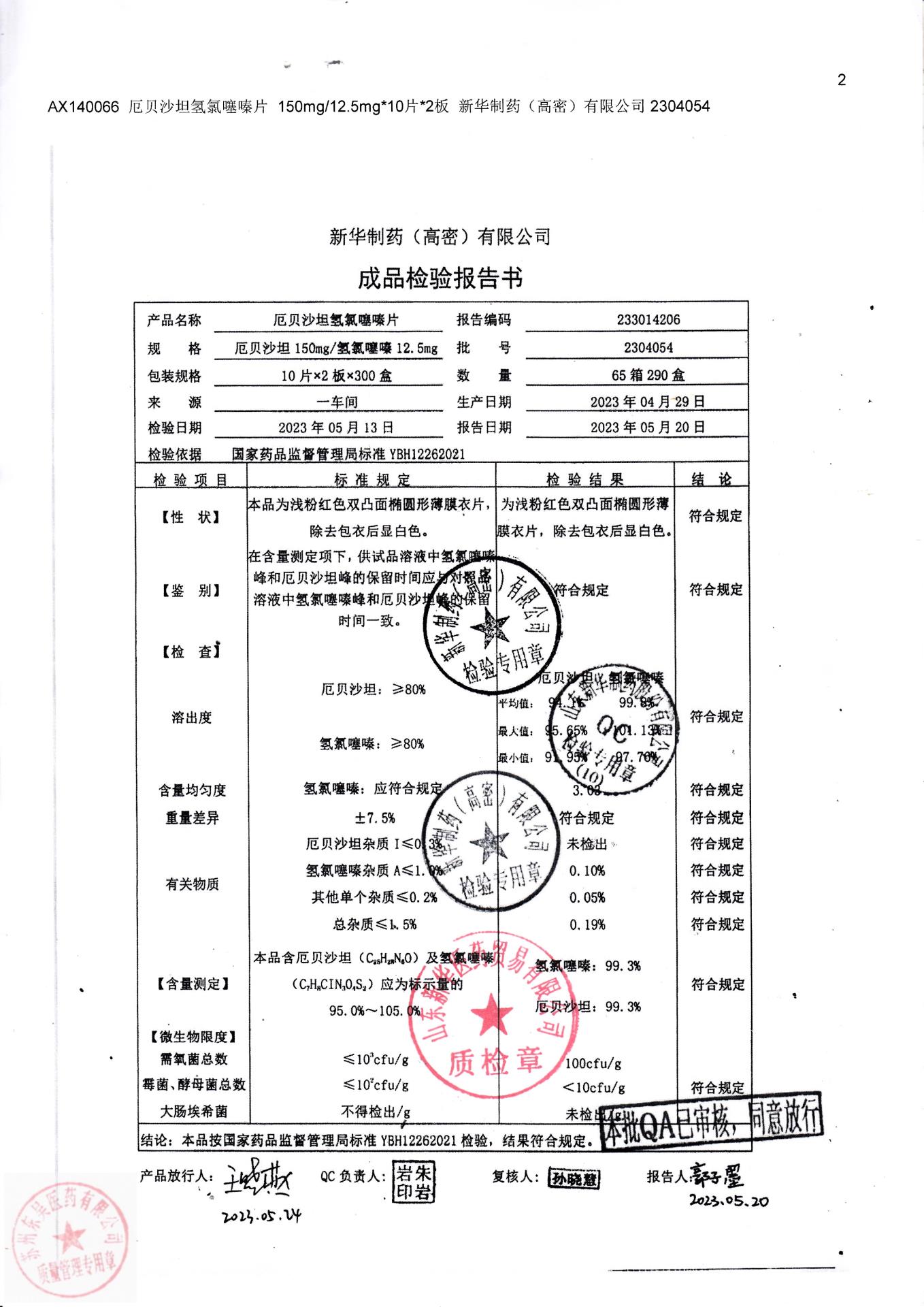 2304054厄贝沙坦氢氯噻嗪片
