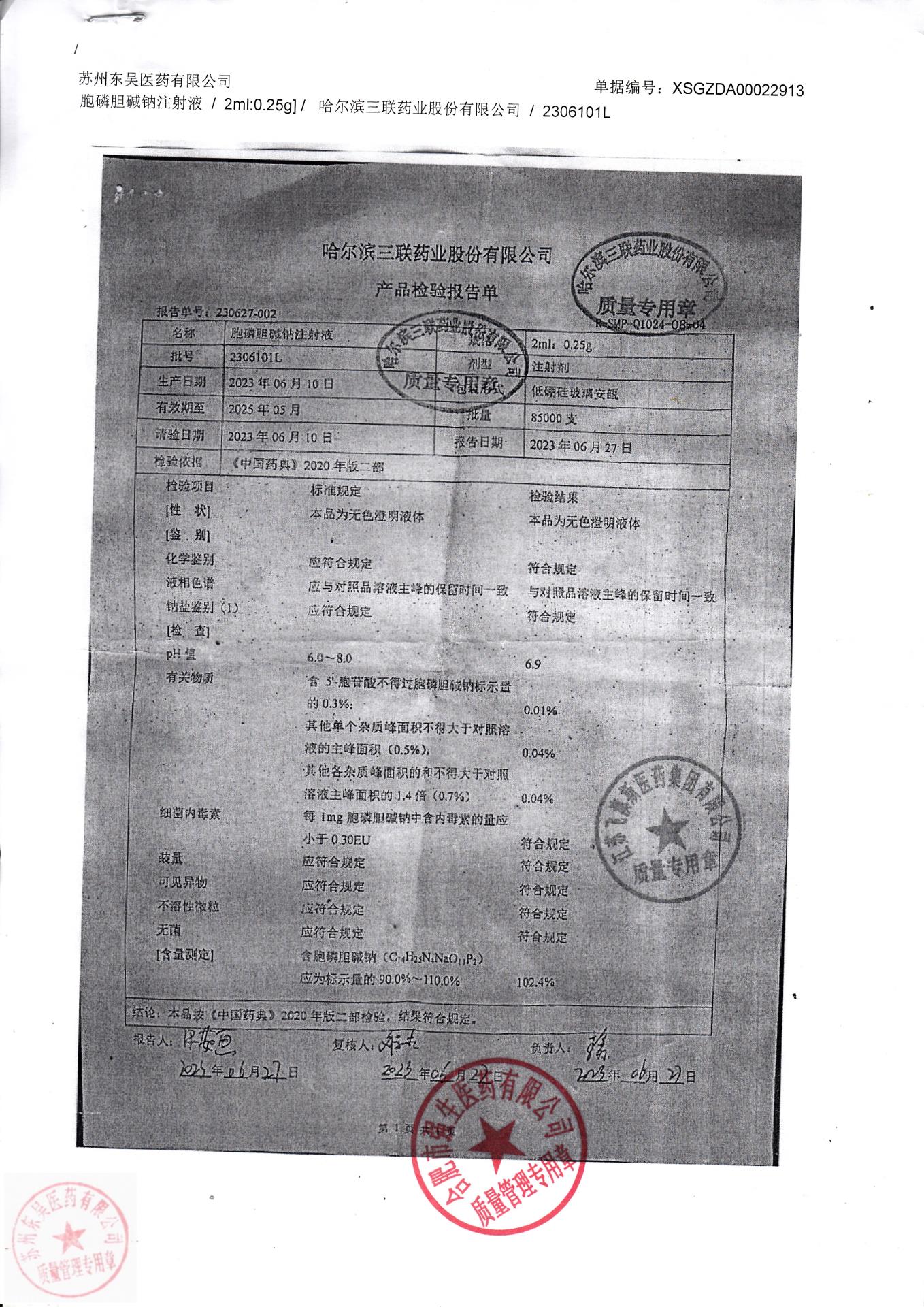 2306101L胞磷胆碱钠注射液