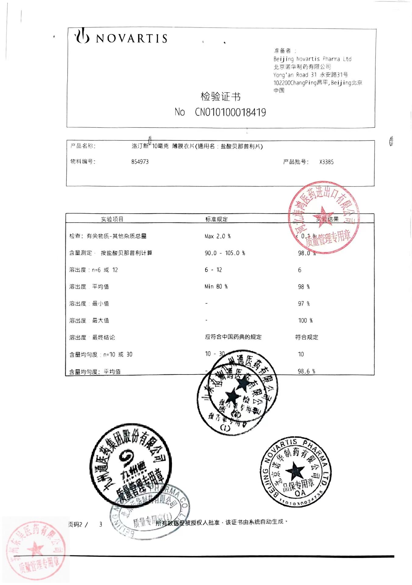 X3385洛汀新（盐酸贝那普利片）1