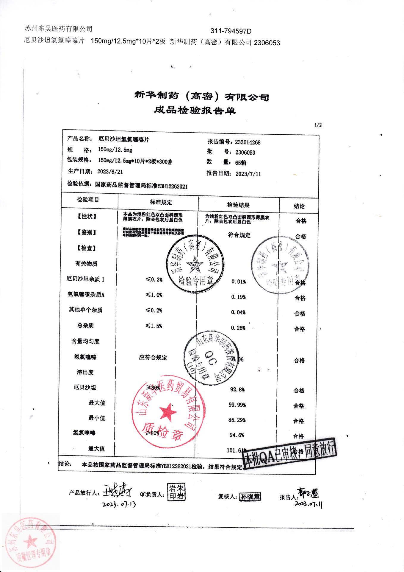 2306053厄贝沙坦氢氯噻嗪片1