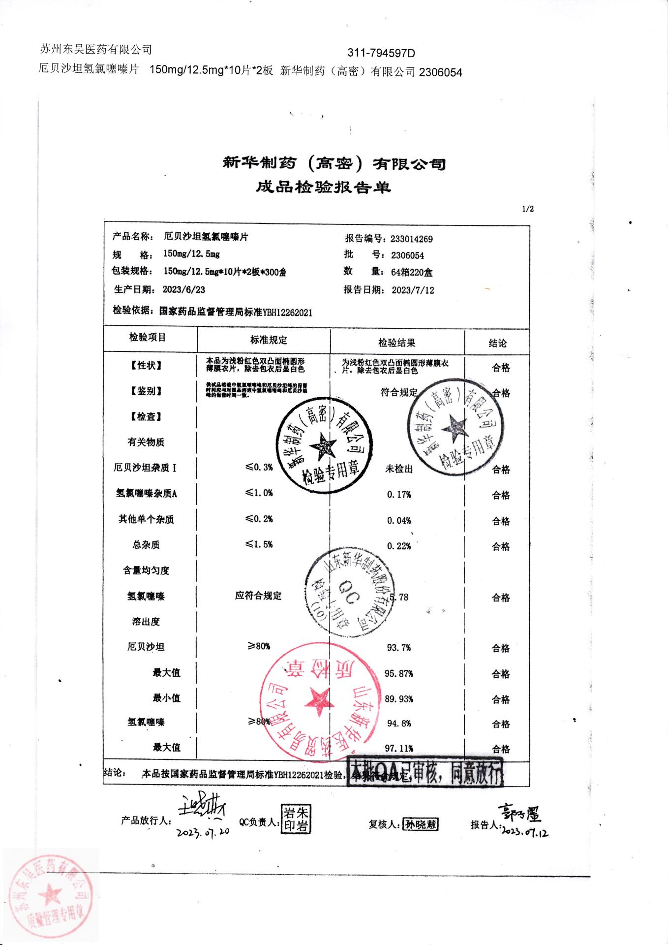2306054厄贝沙坦氢氯噻嗪片1