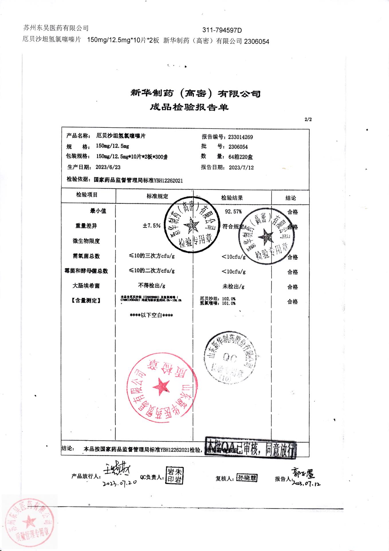 2306054厄贝沙坦氢氯噻嗪片2