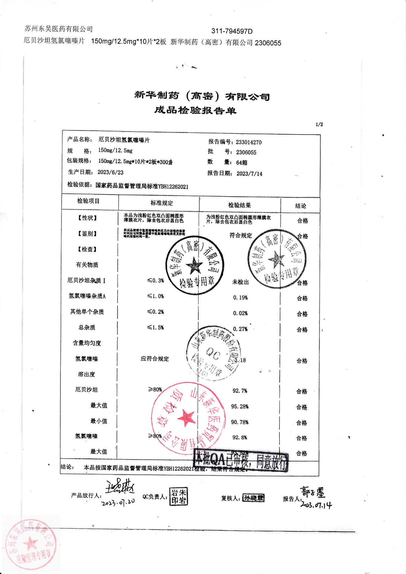 2306055厄贝沙坦氢氯噻嗪片1