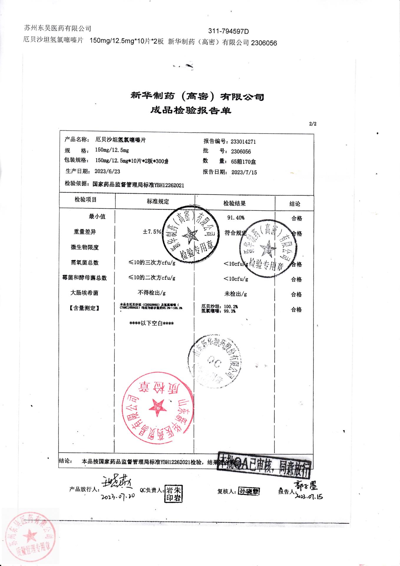 2306056厄贝沙坦氢氯噻嗪片2