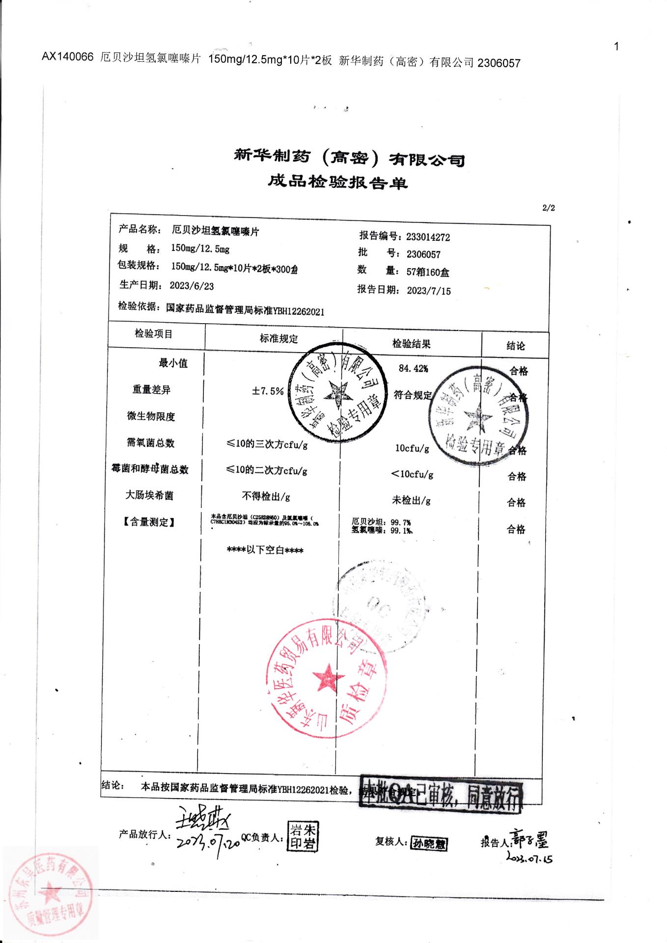 2306057厄贝沙坦氢氯噻嗪片2