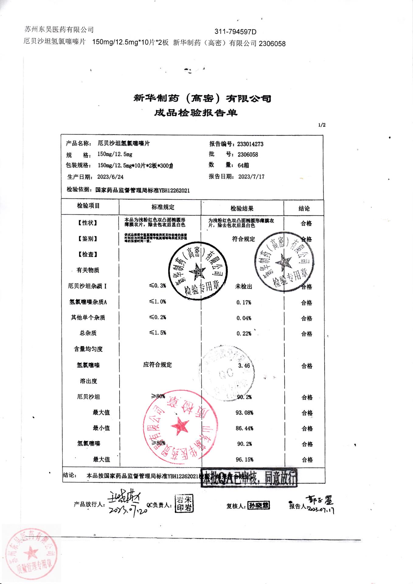 2306058厄贝沙坦氢氯噻嗪片1