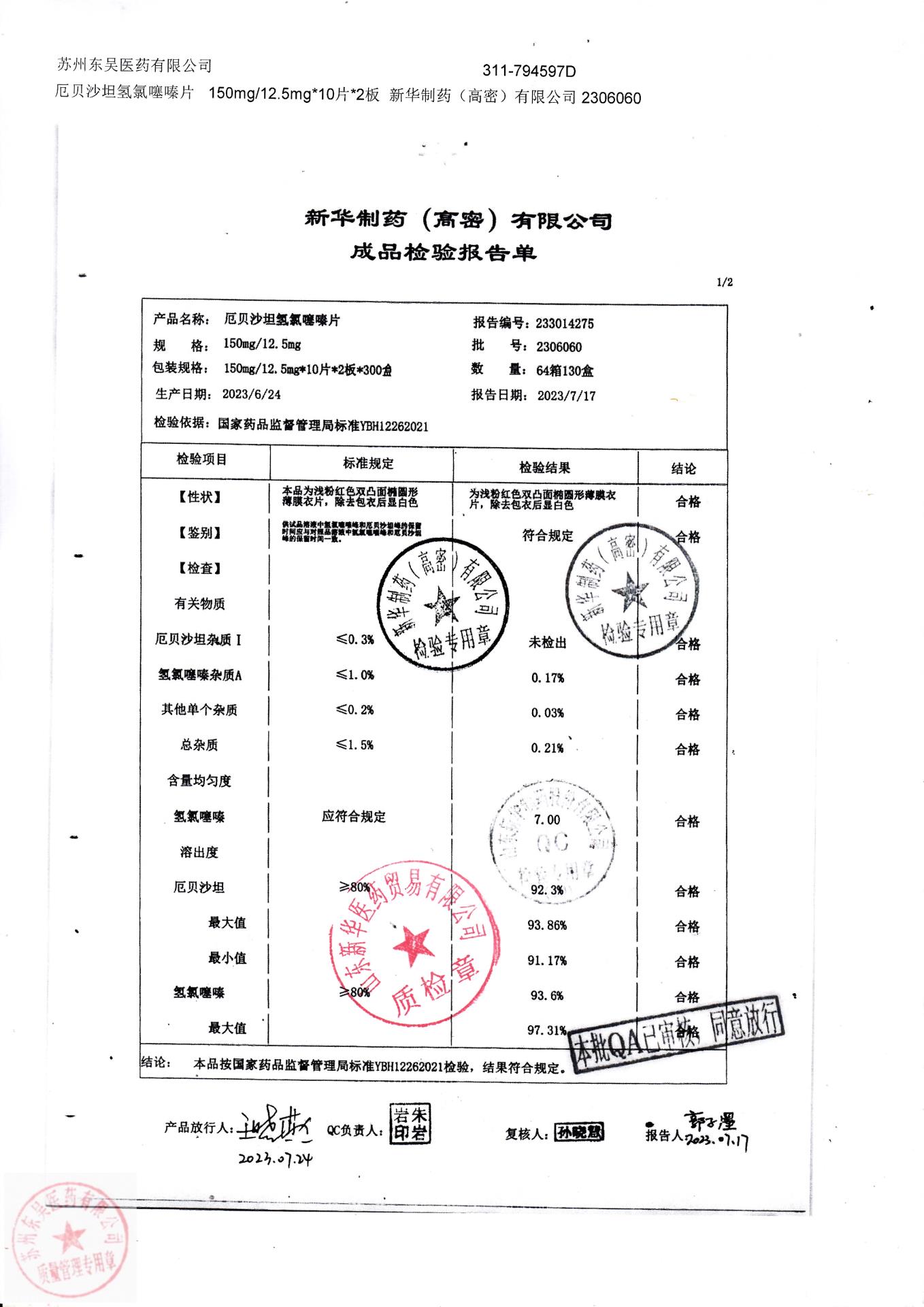 2306060厄贝沙坦氢氯噻嗪片1
