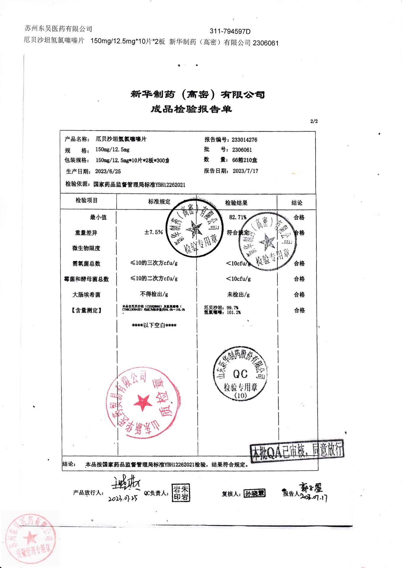 2306061厄贝沙坦氢氯噻嗪片2