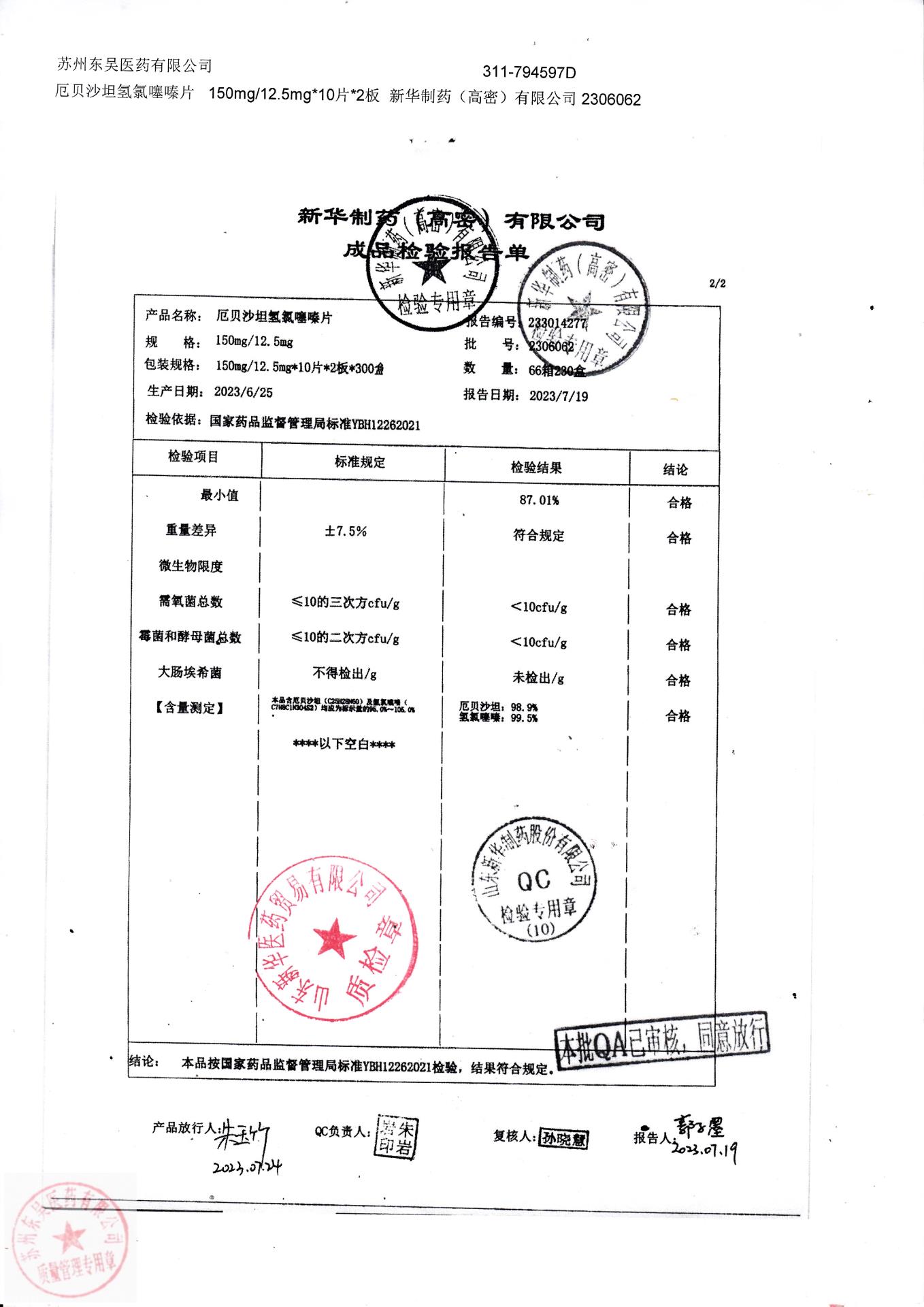 2306062厄贝沙坦氢氯噻嗪片2