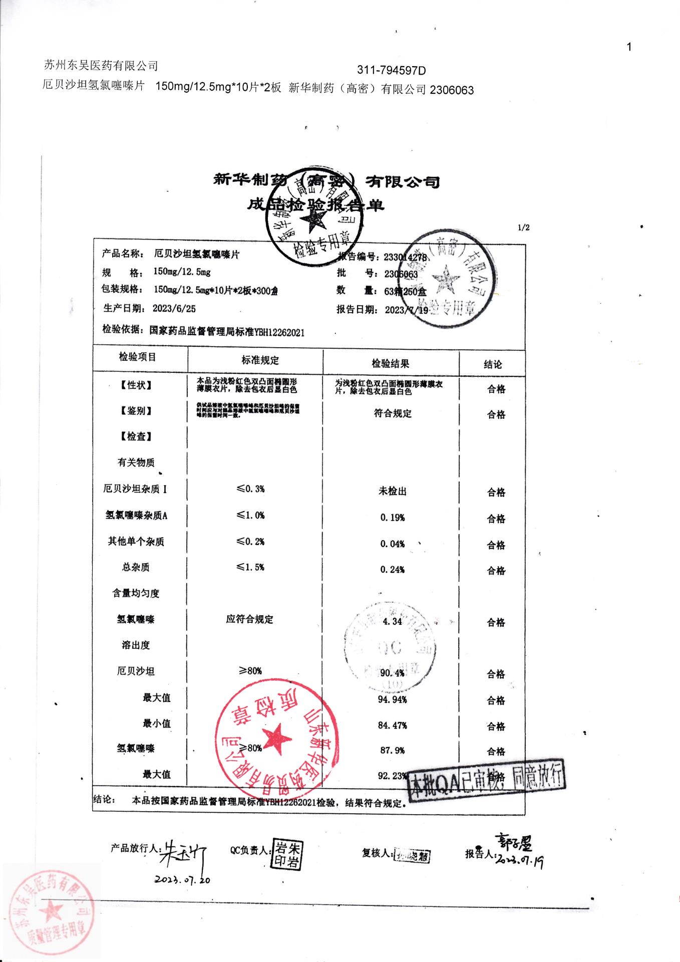 2306063厄贝沙坦氢氯噻嗪片1