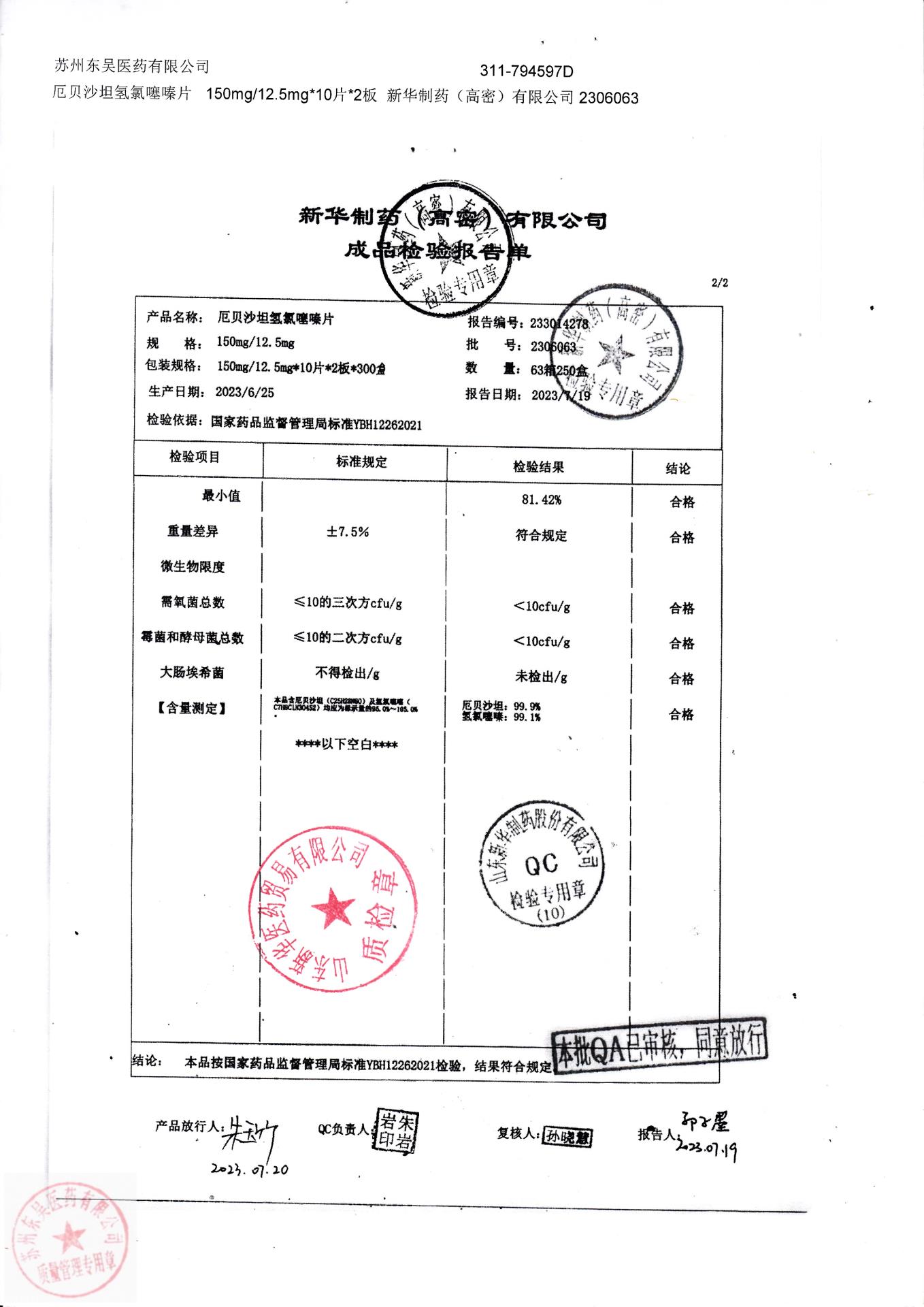 2306063厄贝沙坦氢氯噻嗪片2