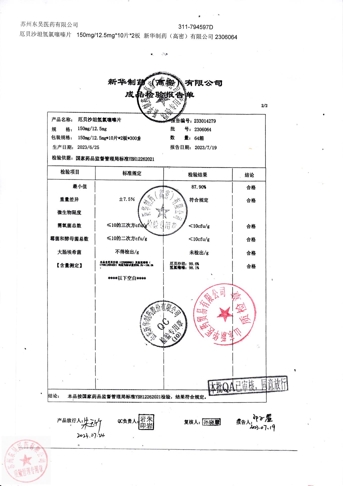 2306064厄贝沙坦氢氯噻嗪片2