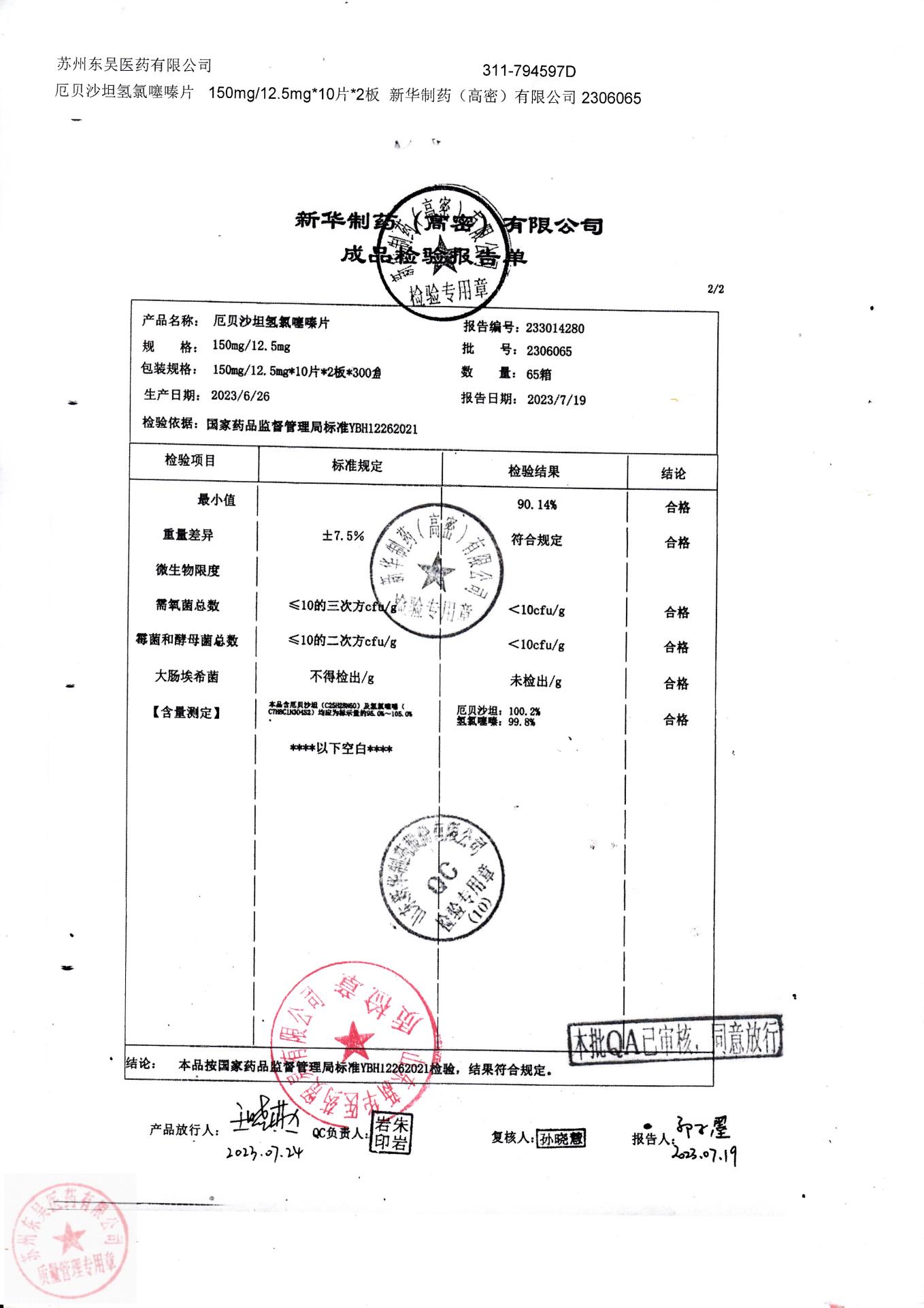 2306065厄贝沙坦氢氯噻嗪片2