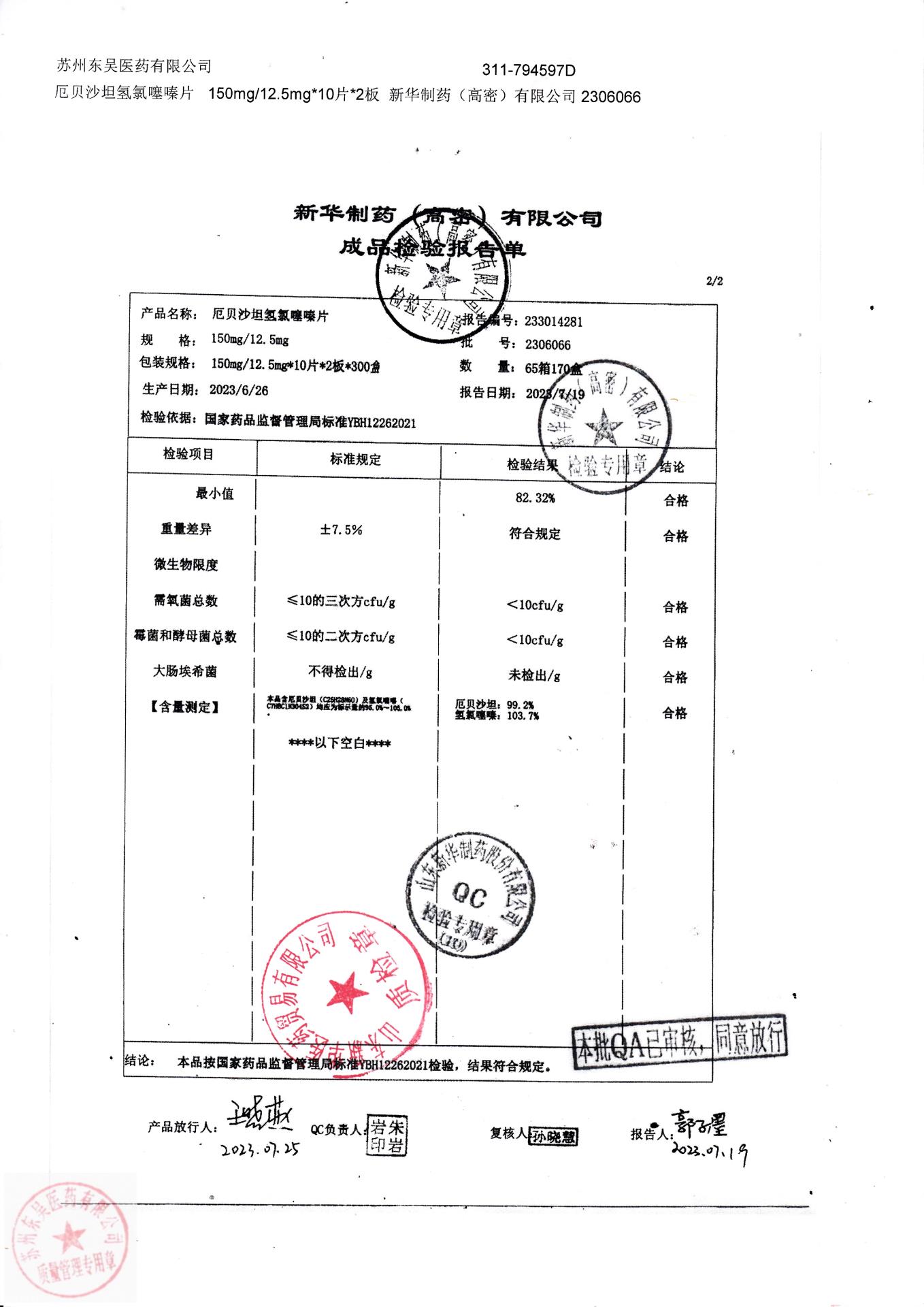 2306066厄贝沙坦氢氯噻嗪片2