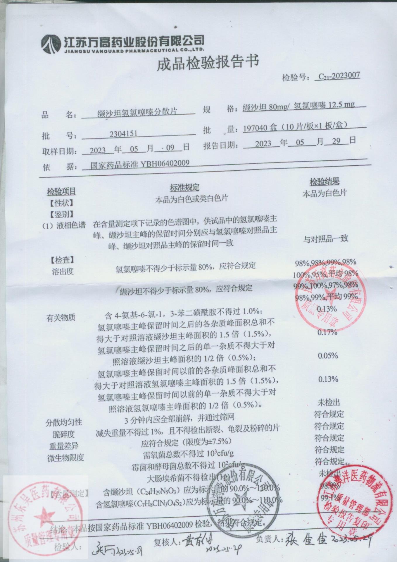 2304151缬沙坦氢氯噻嗪分散片