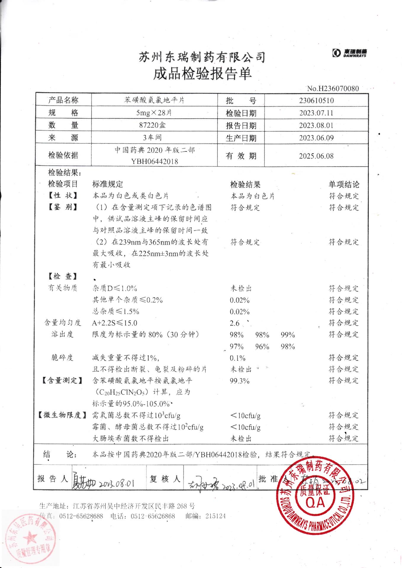 230610510苯磺酸氨氯地平片