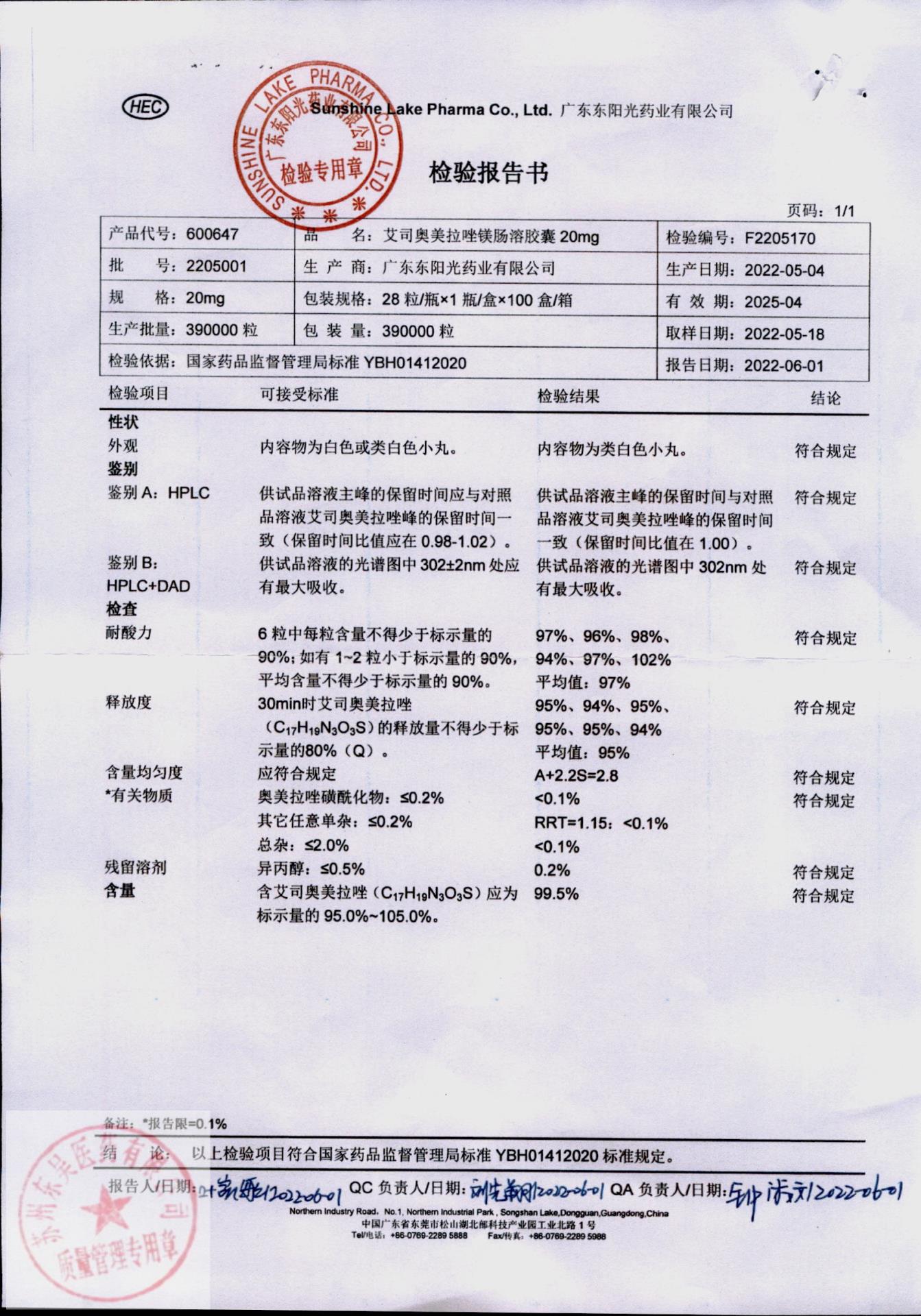 2205001艾司奥美拉唑镁肠溶胶囊1