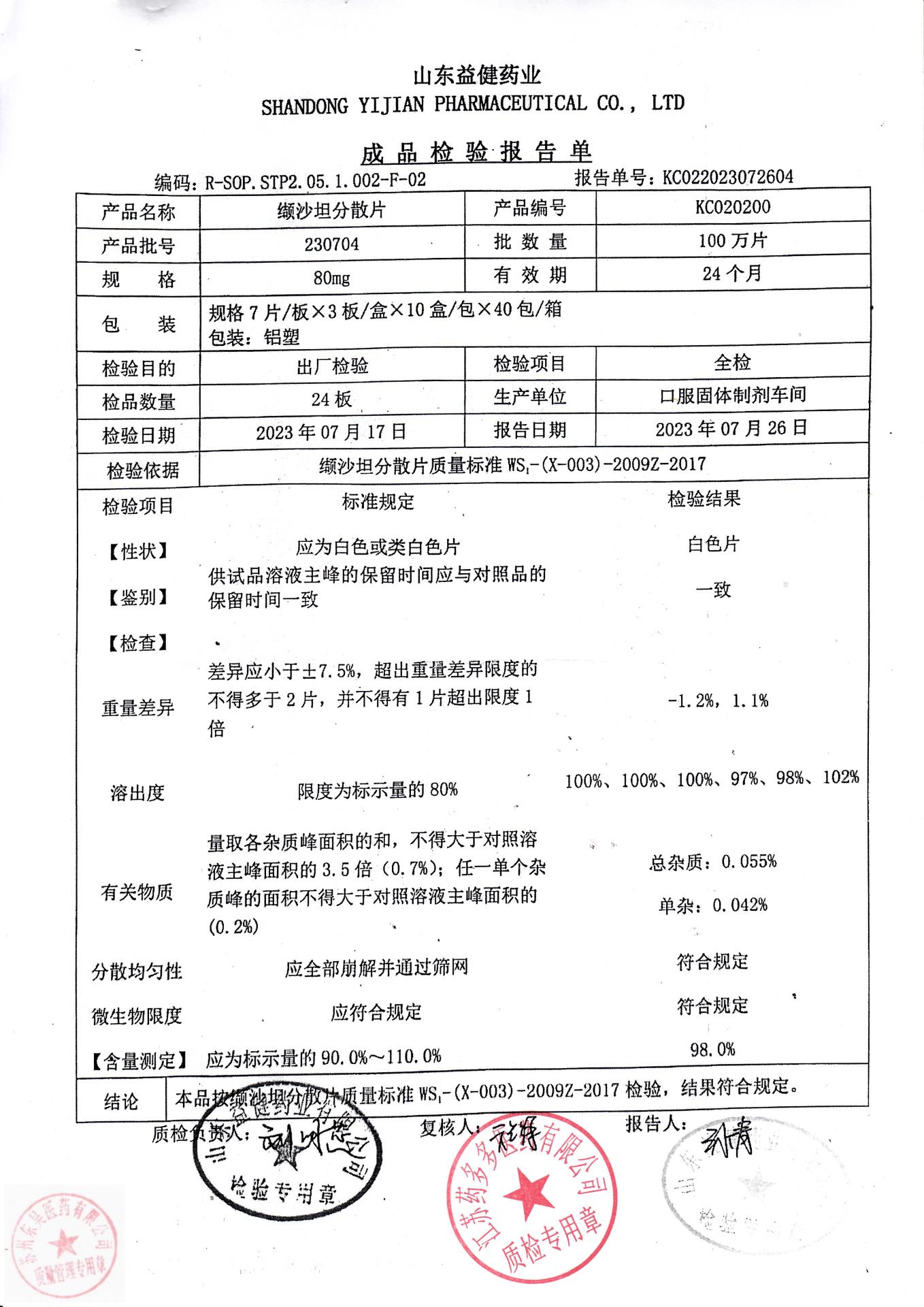 230704缬沙坦分散片