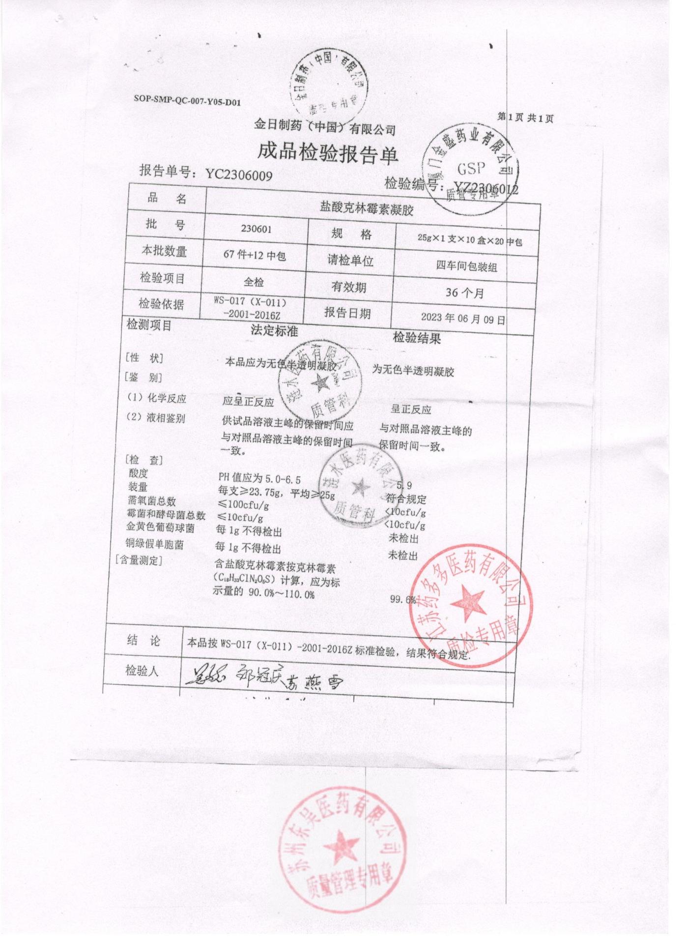 230601盐酸克林霉素凝胶