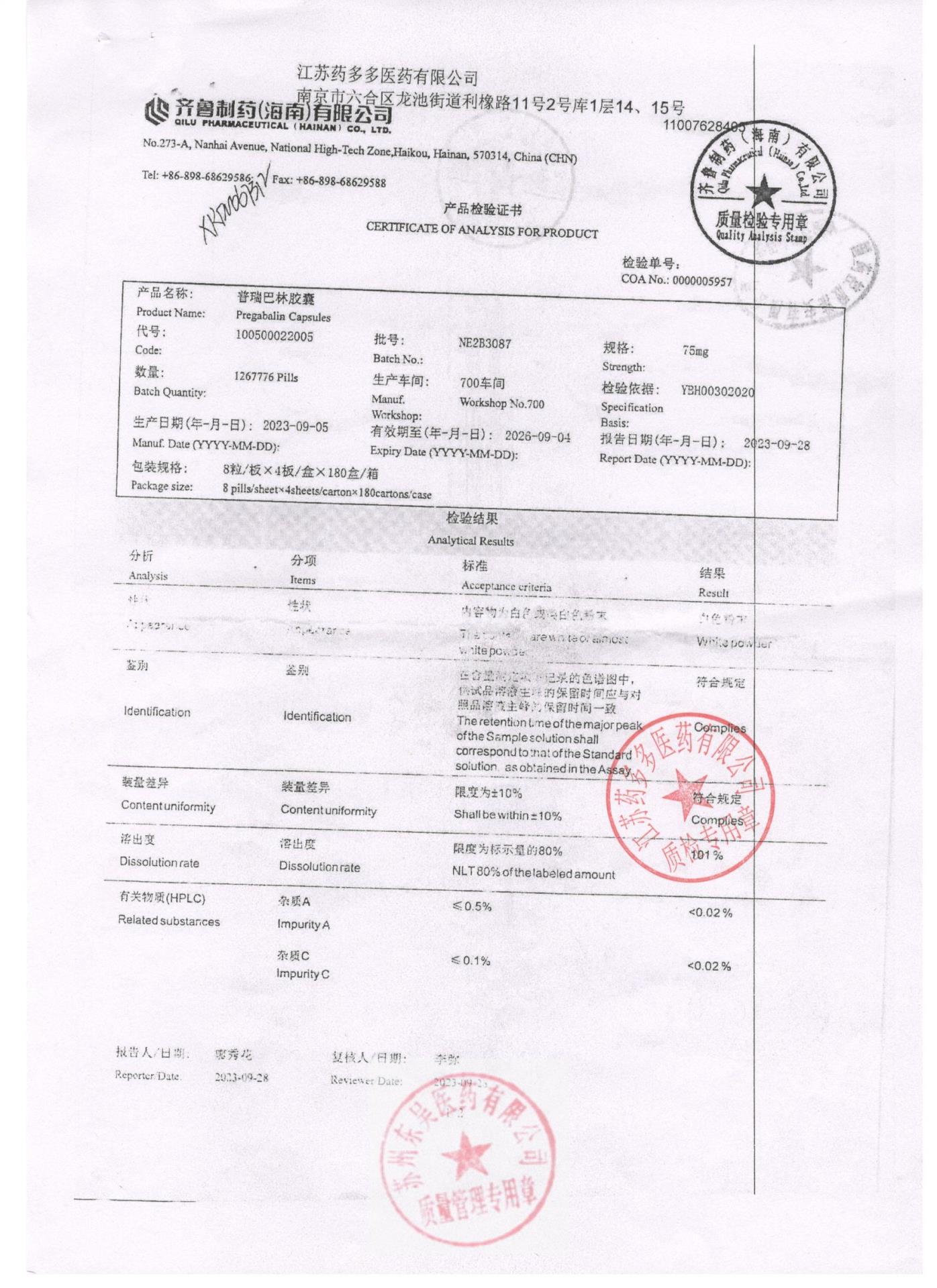 NE2B3087普瑞巴林胶囊