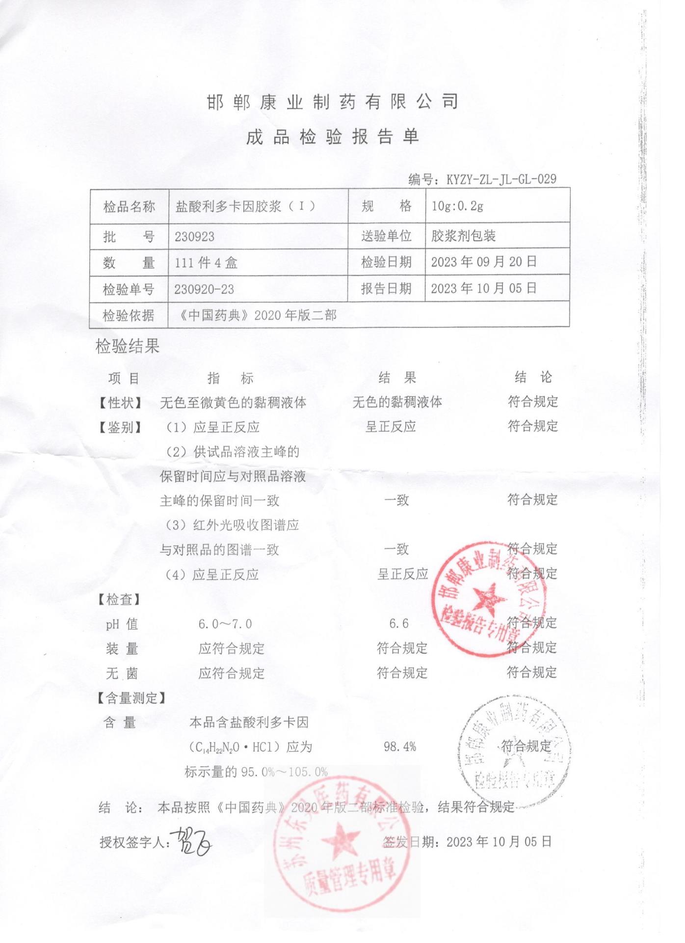 230923盐酸利多卡因胶浆