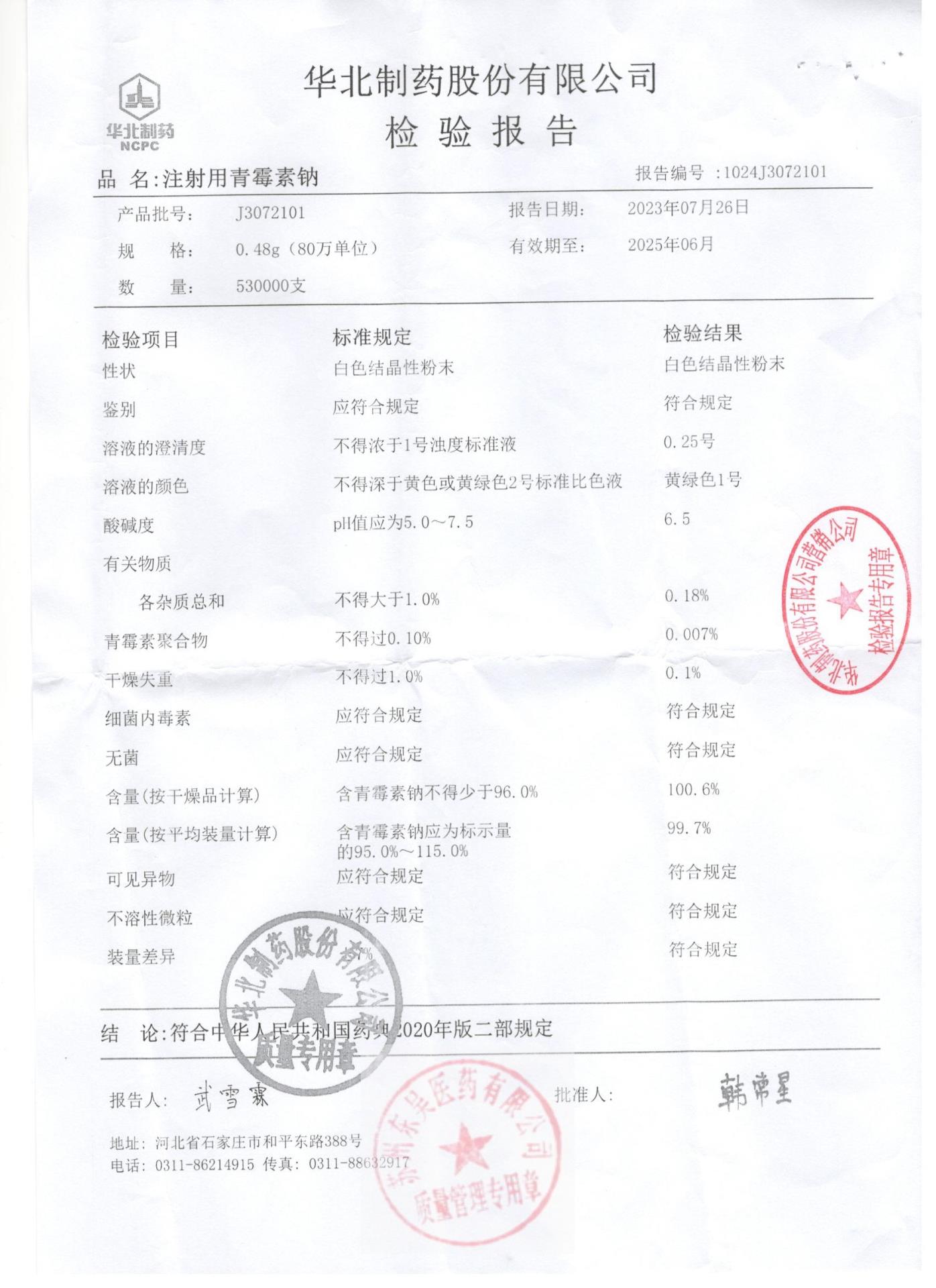 J3072101注射液青霉素钠