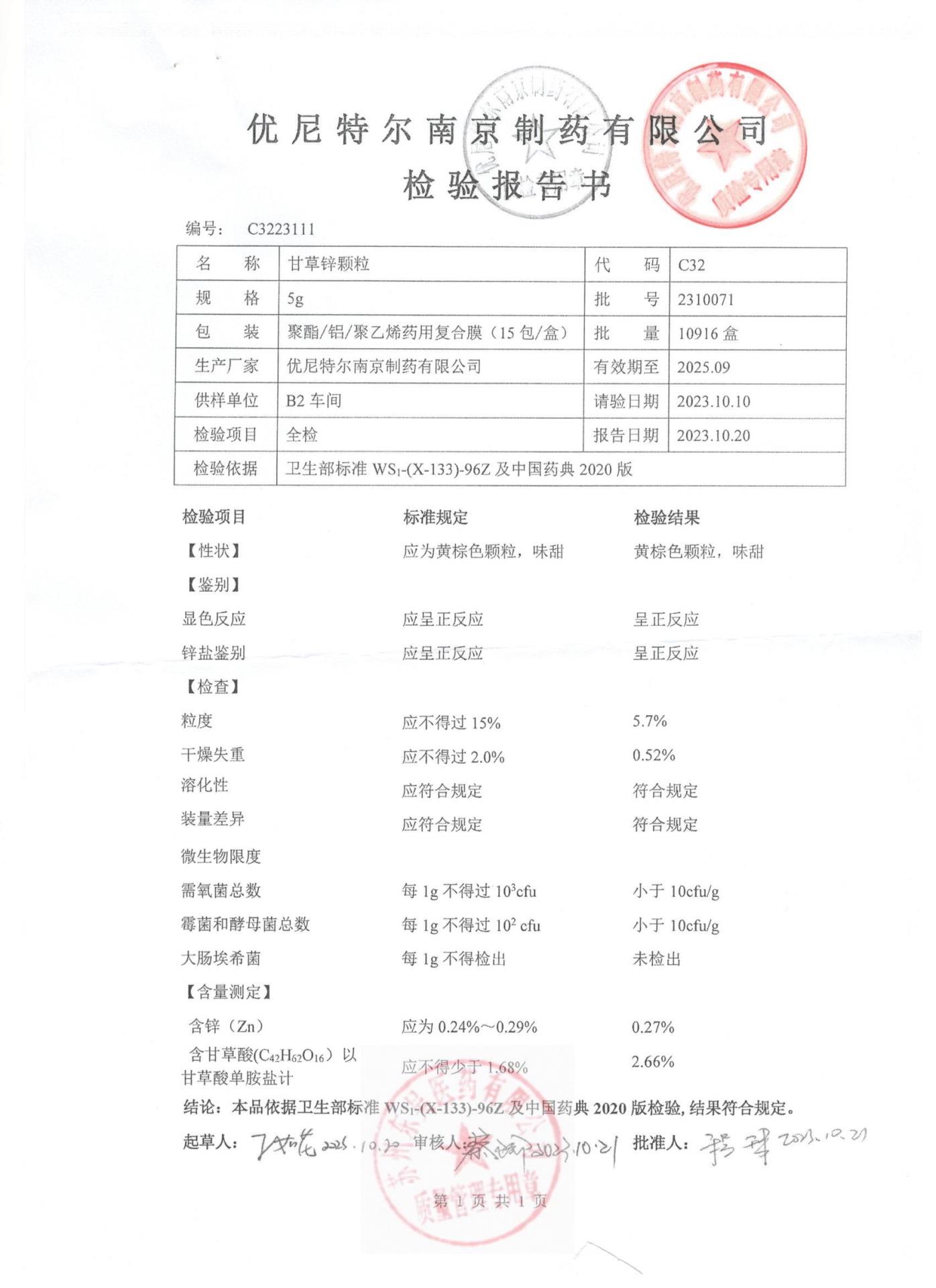 2310071甘草锌颗粒