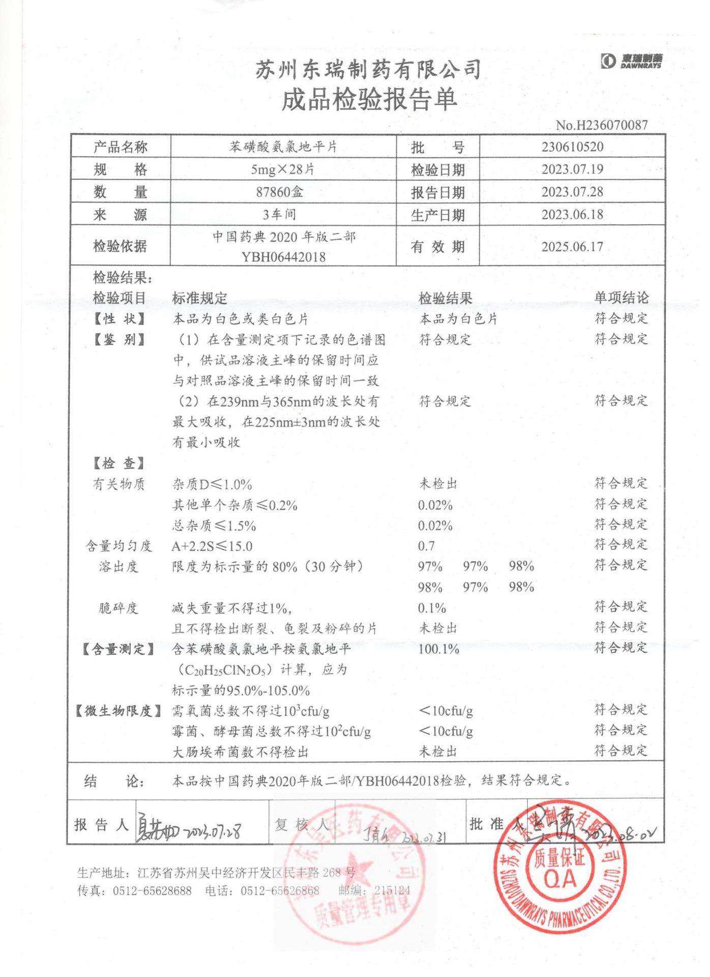 230610520苯磺酸氨氯地平片