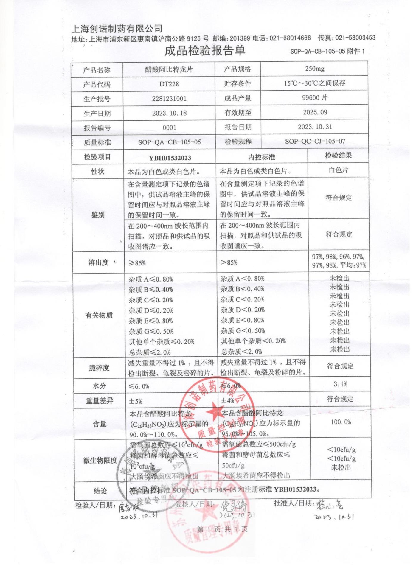 2281231001醋酸阿比特龙片
