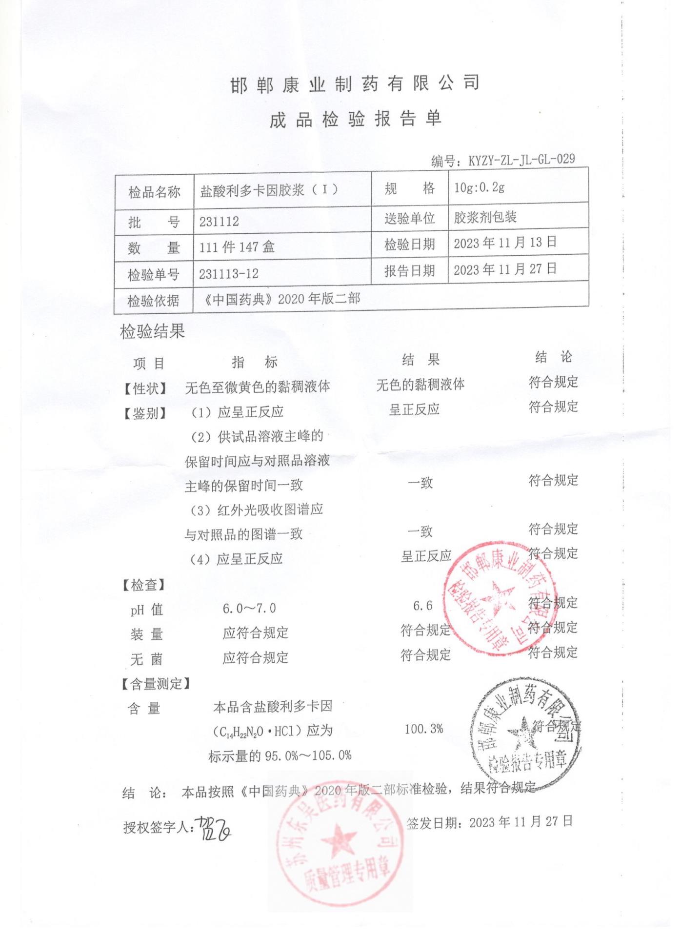 231112盐酸利多卡因胶浆