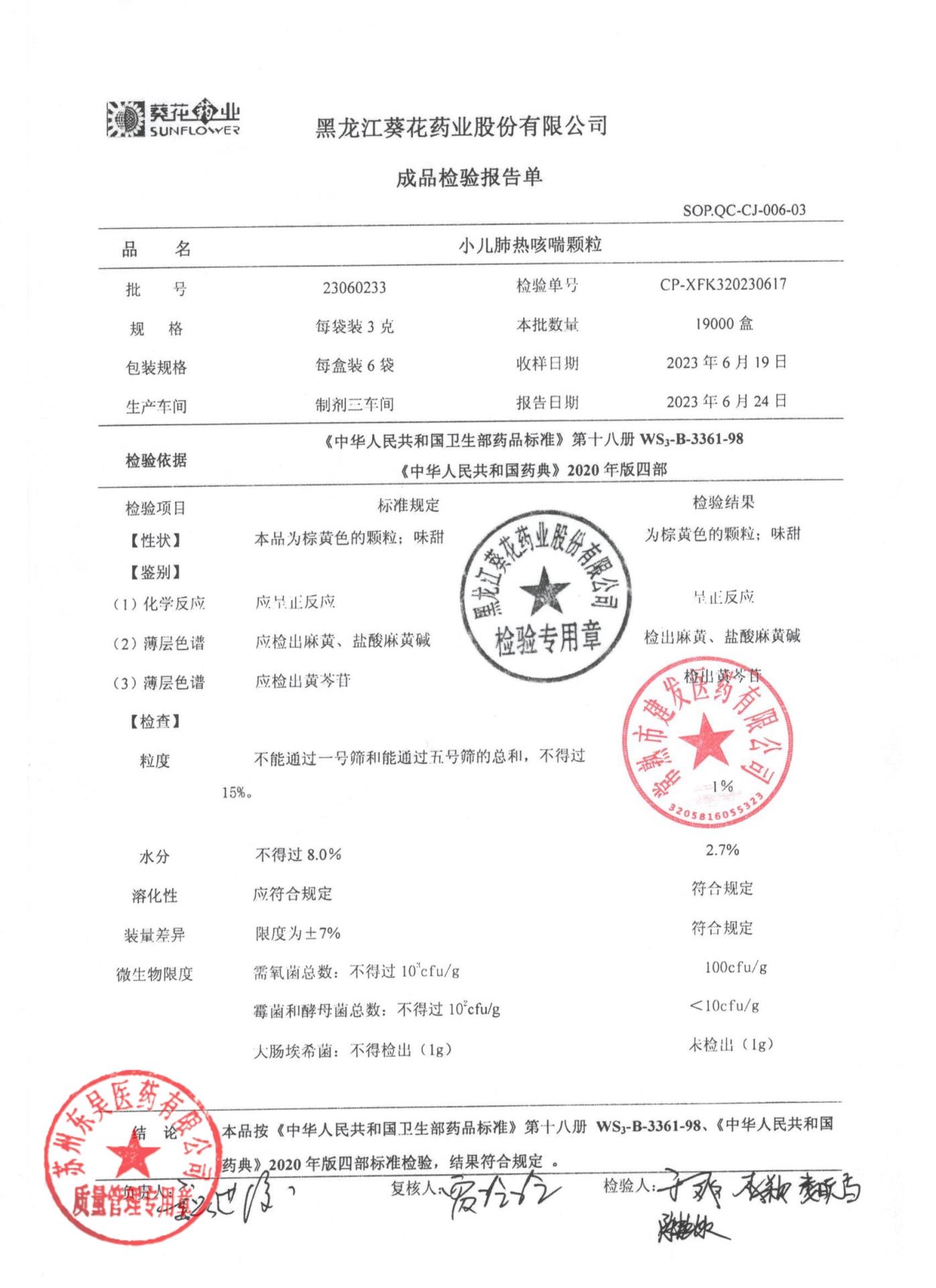 23060233小儿肺热咳喘颗粒