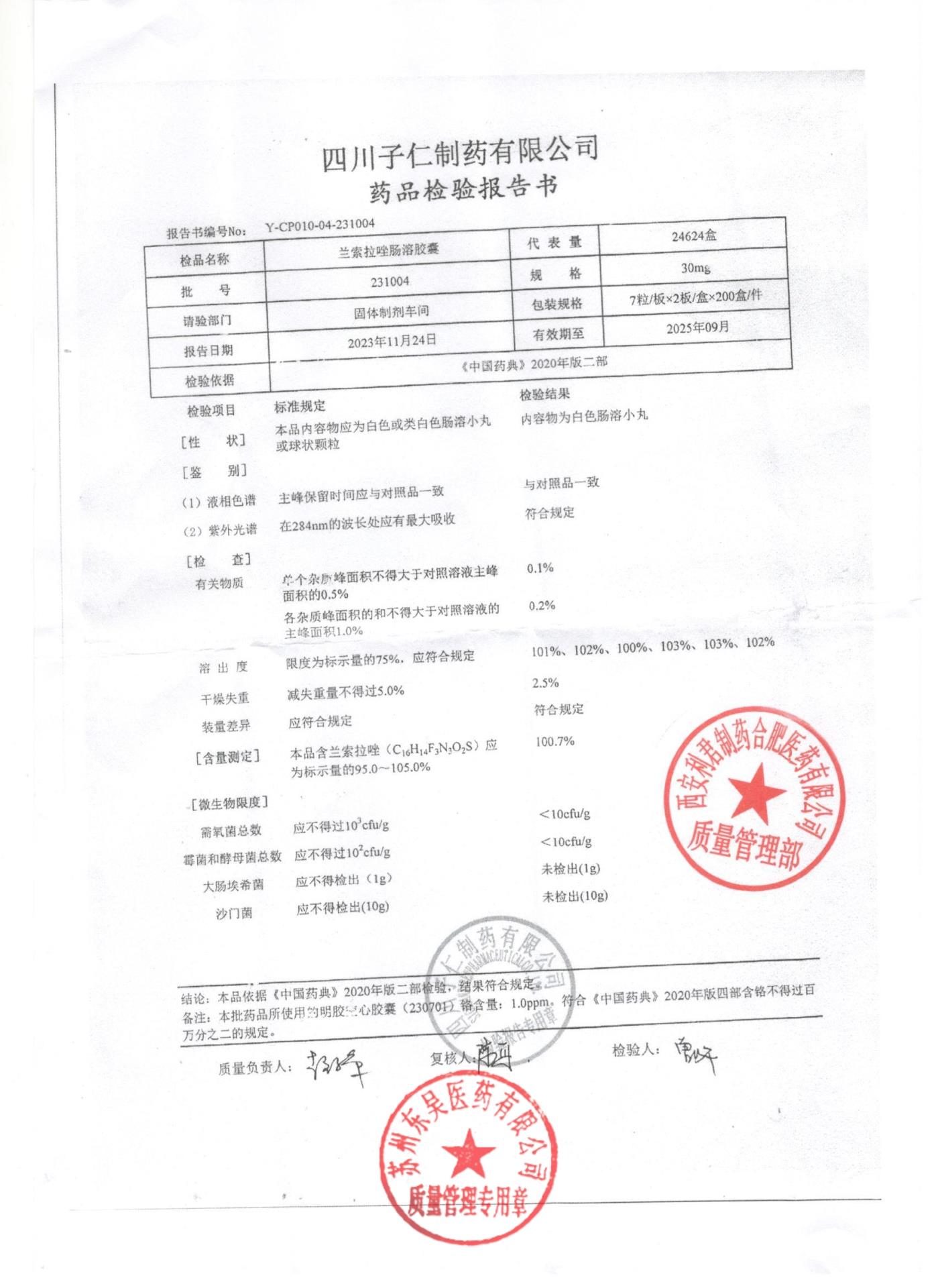 231004兰索拉唑肠溶胶囊