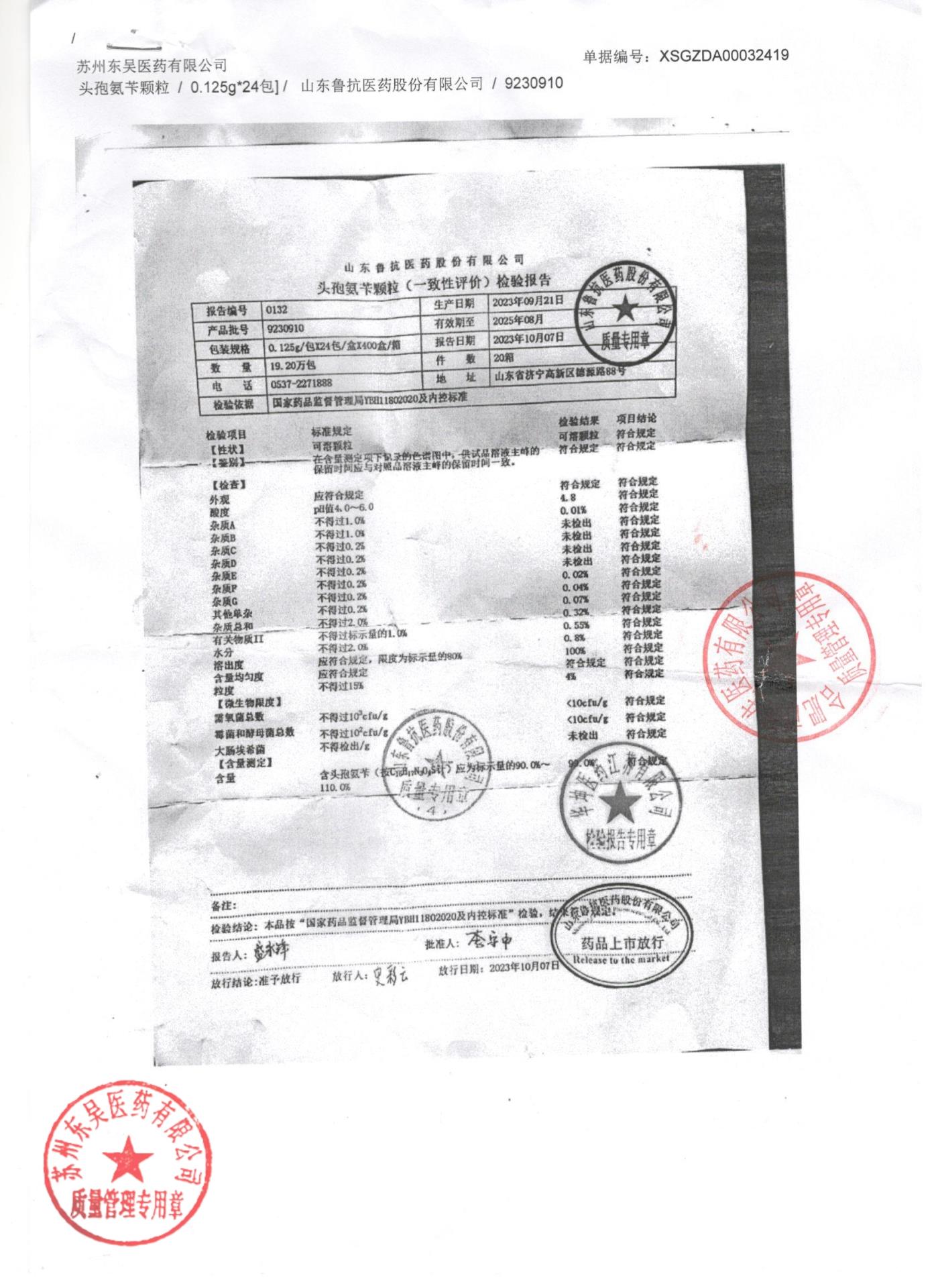 9230910头孢氨苄颗粒