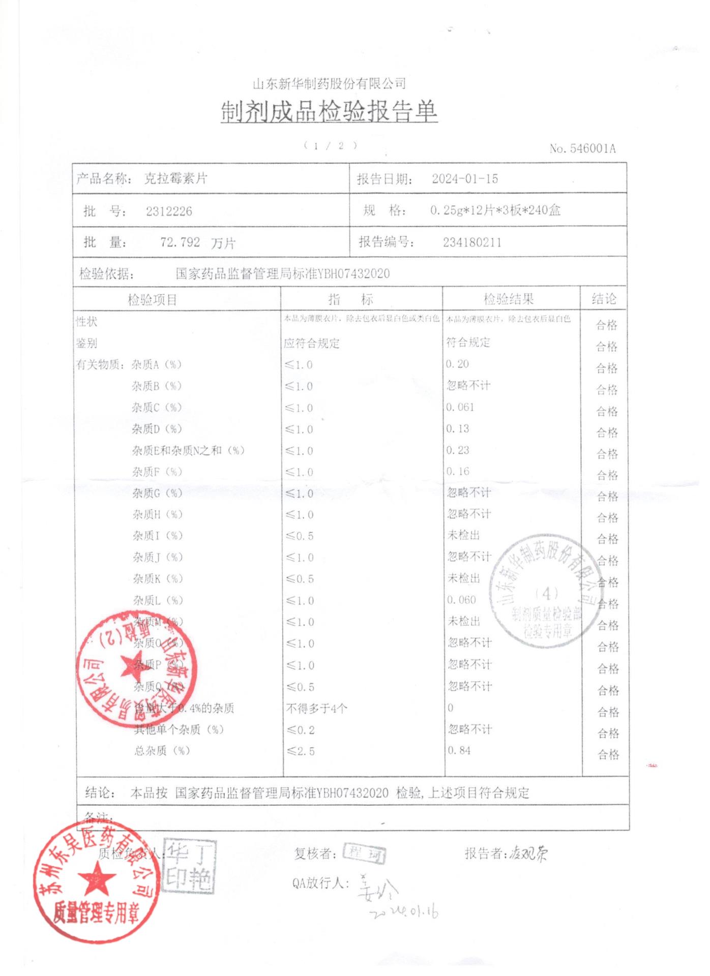 2312226克拉霉素片1