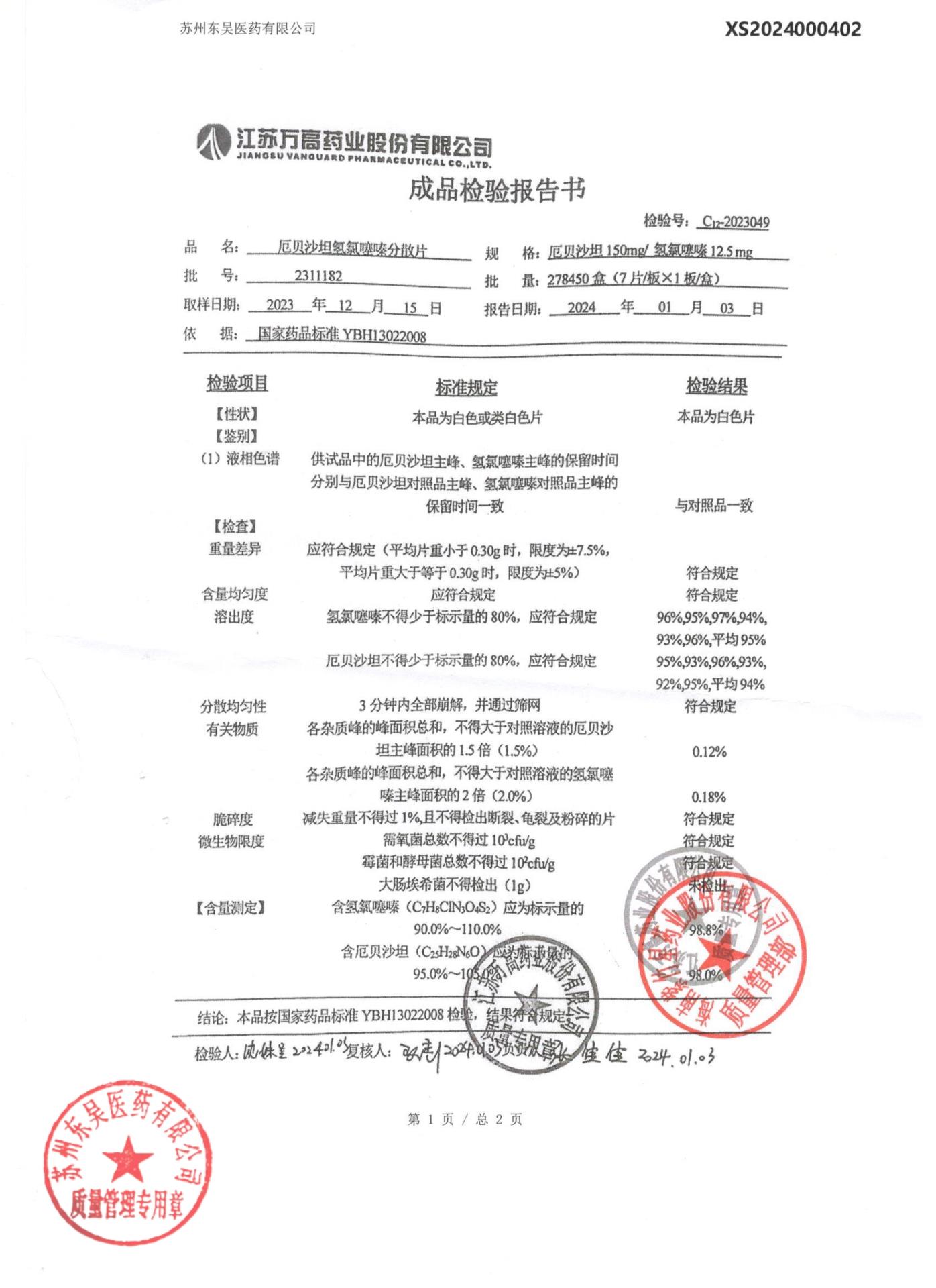 2311182厄贝沙坦氢氯噻嗪分散片