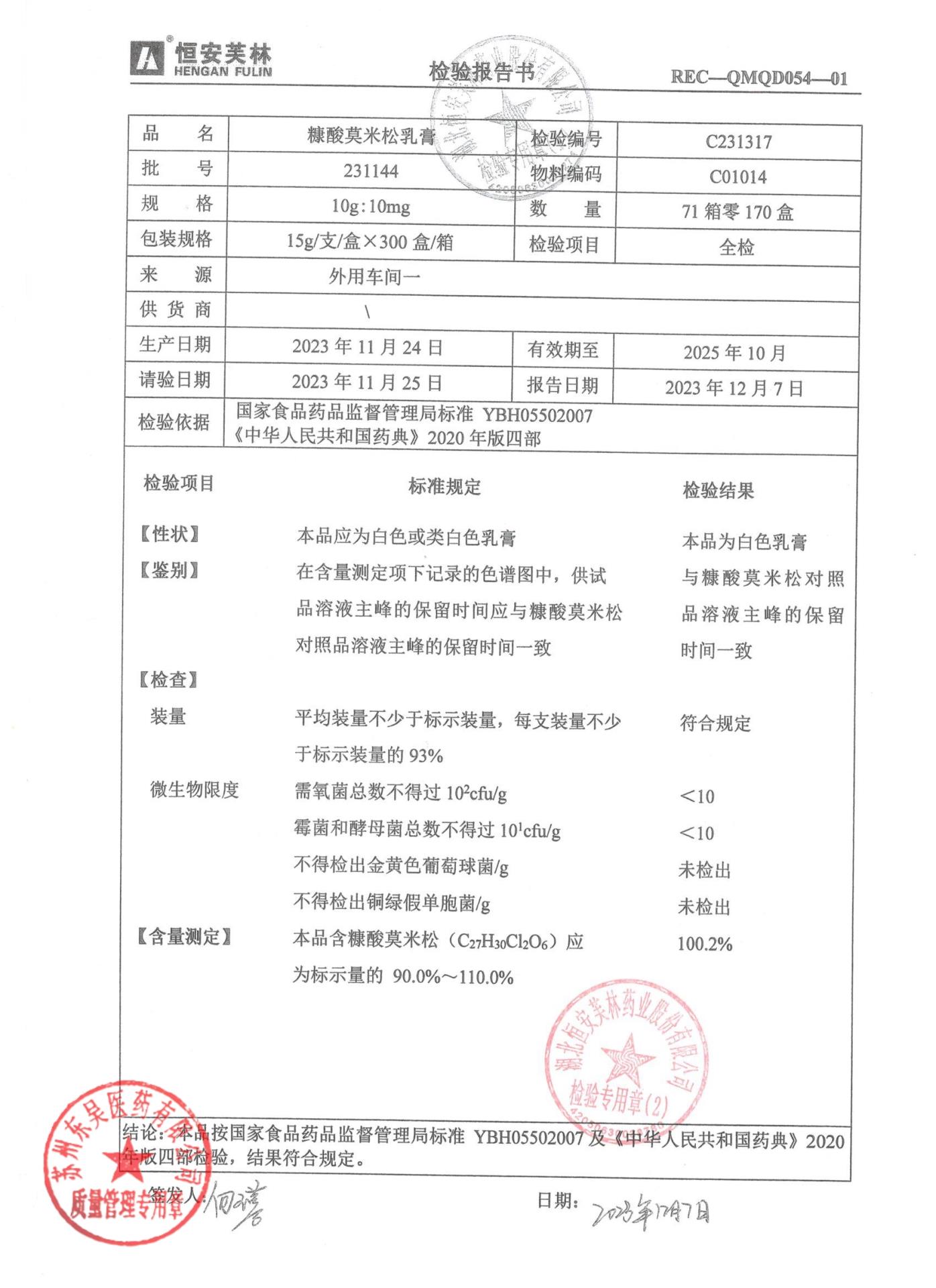 231144糠酸莫米松乳膏