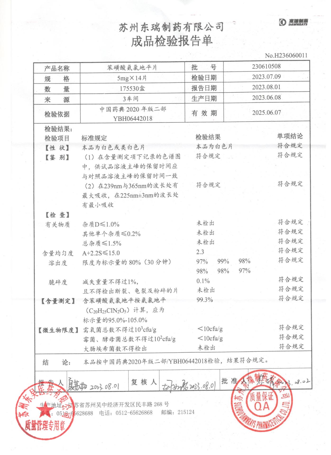 230610508苯磺酸氨氯地平片