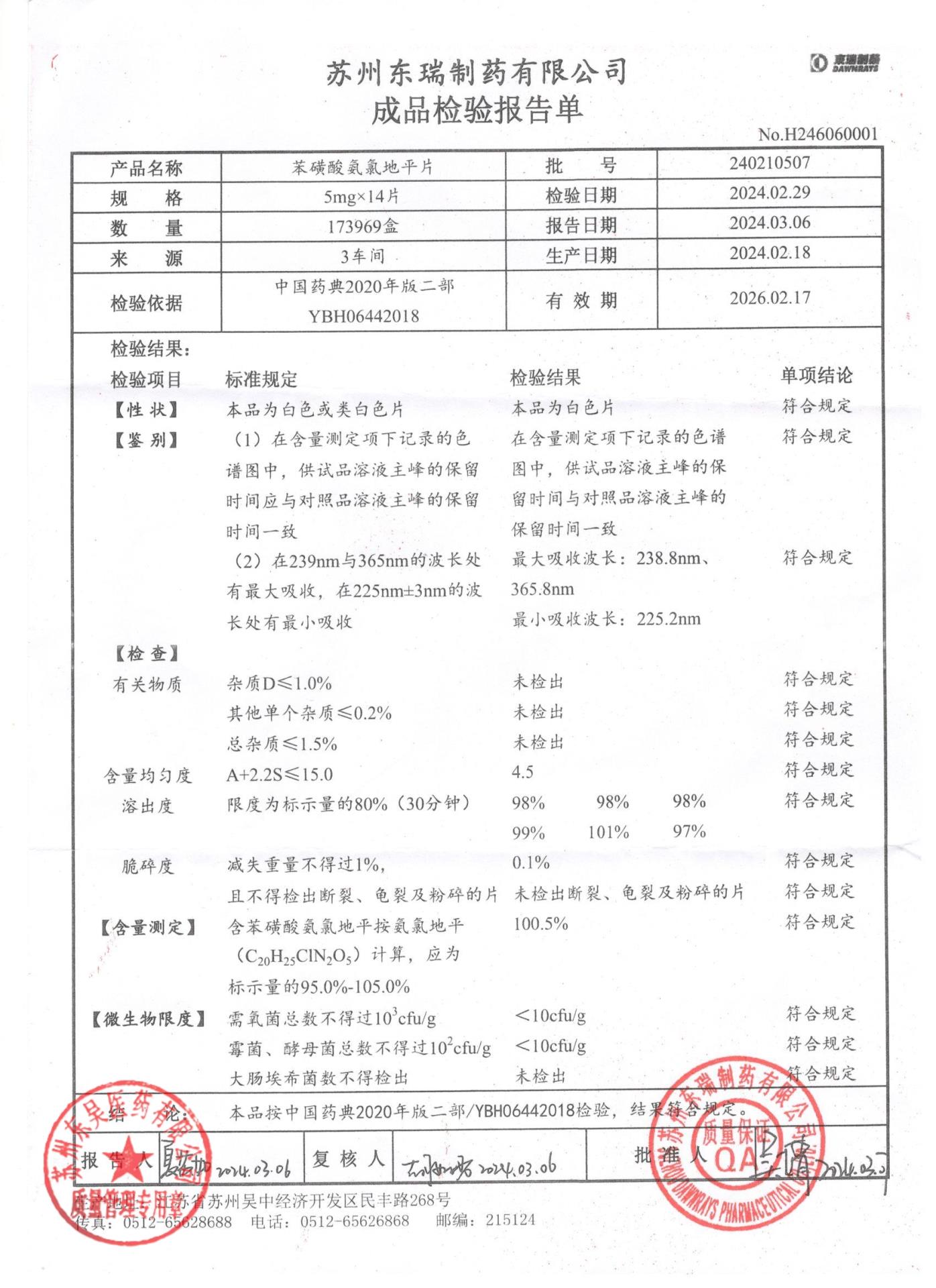 240210507苯磺酸氨氯地平片