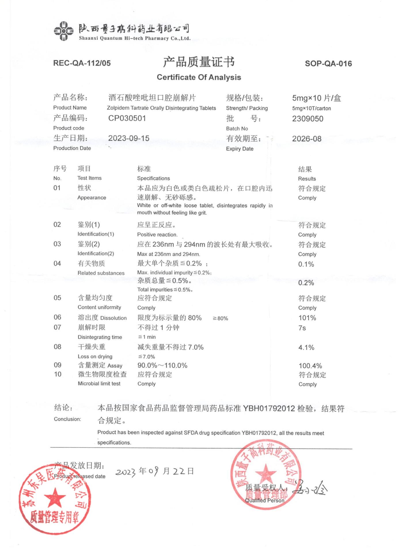 2309050酒石酸唑吡坦口腔崩解片