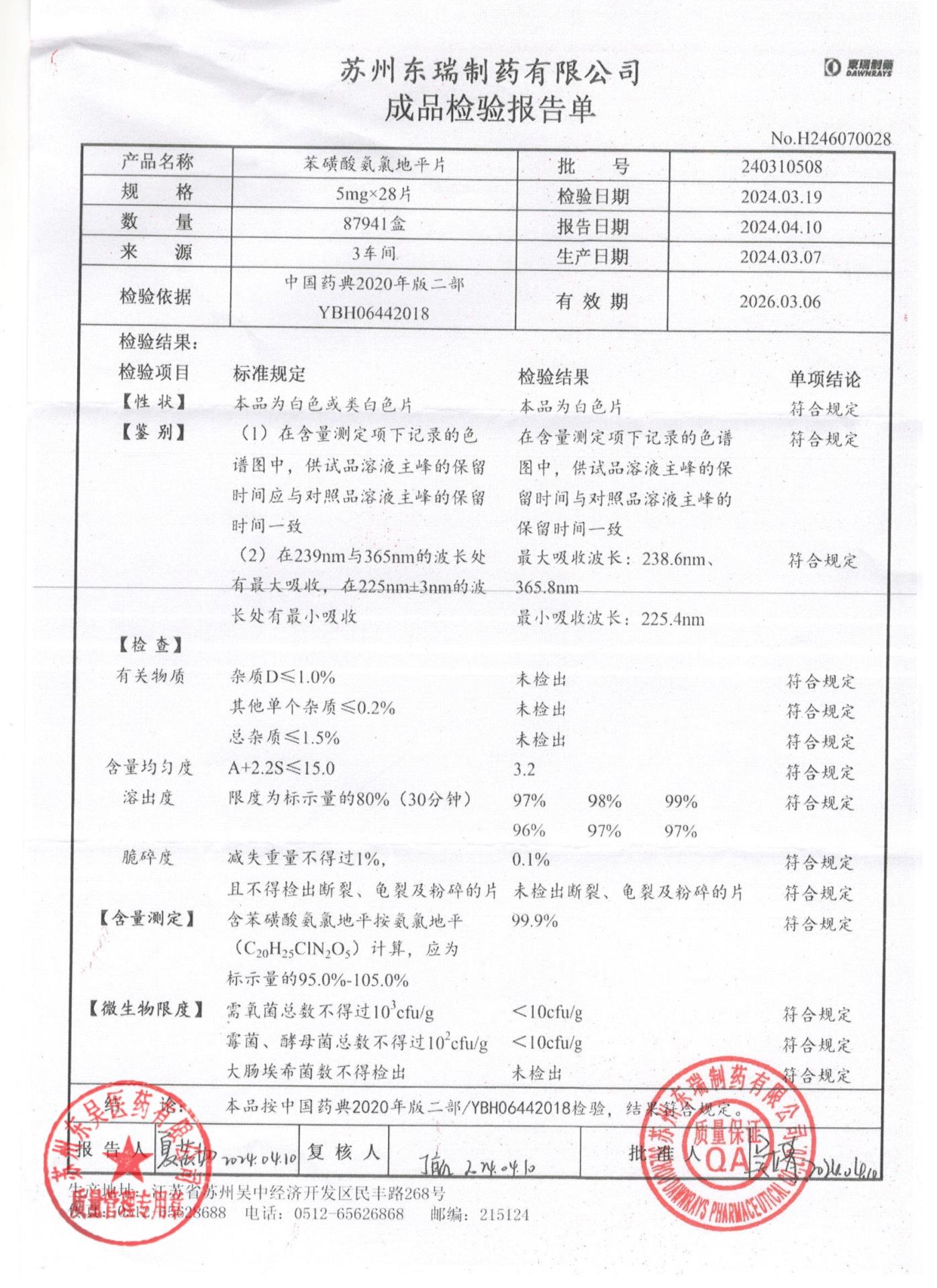 240310508苯磺酸氨氯地平片
