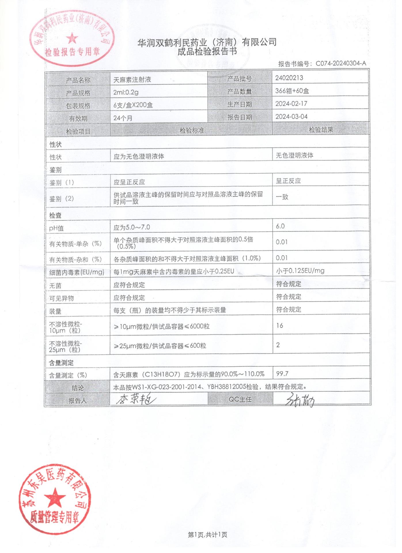 24020213天麻素注射液