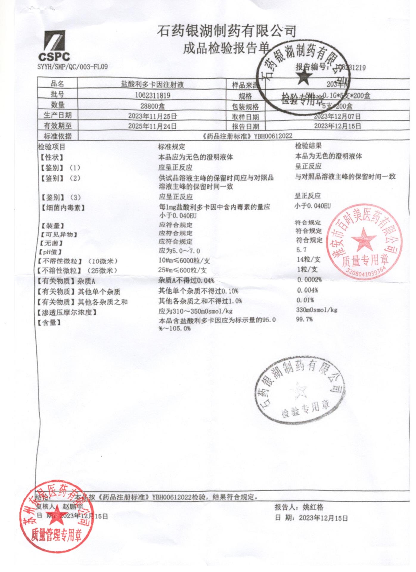 1062311819盐酸利多卡因注射液