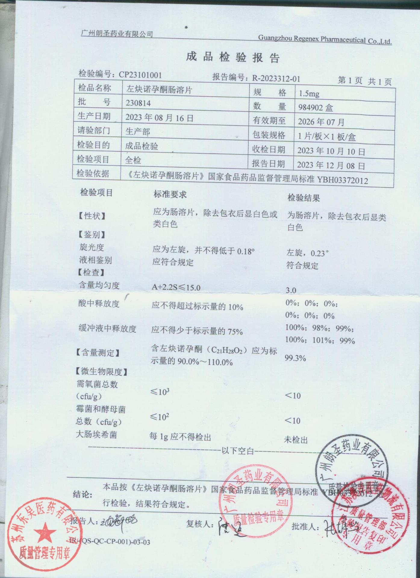 230814左炔诺孕酮肠溶片