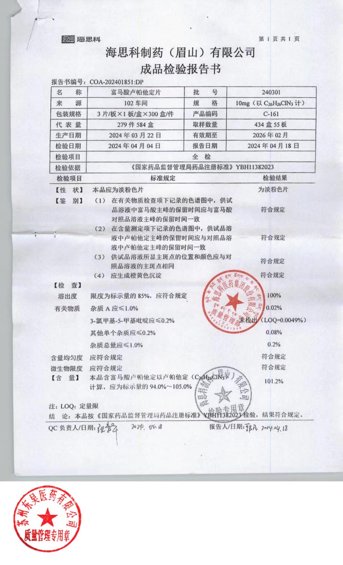 240301富马酸卢帕他定片