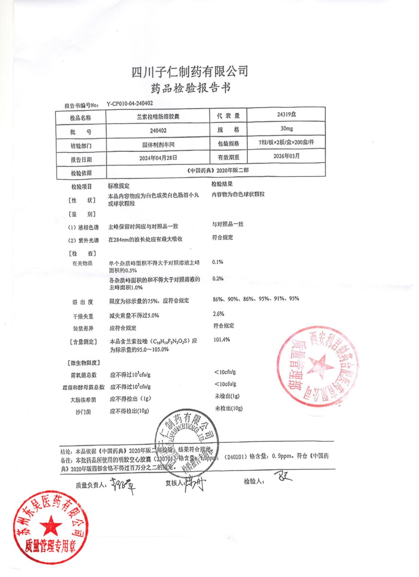 240402兰索拉唑肠溶胶囊