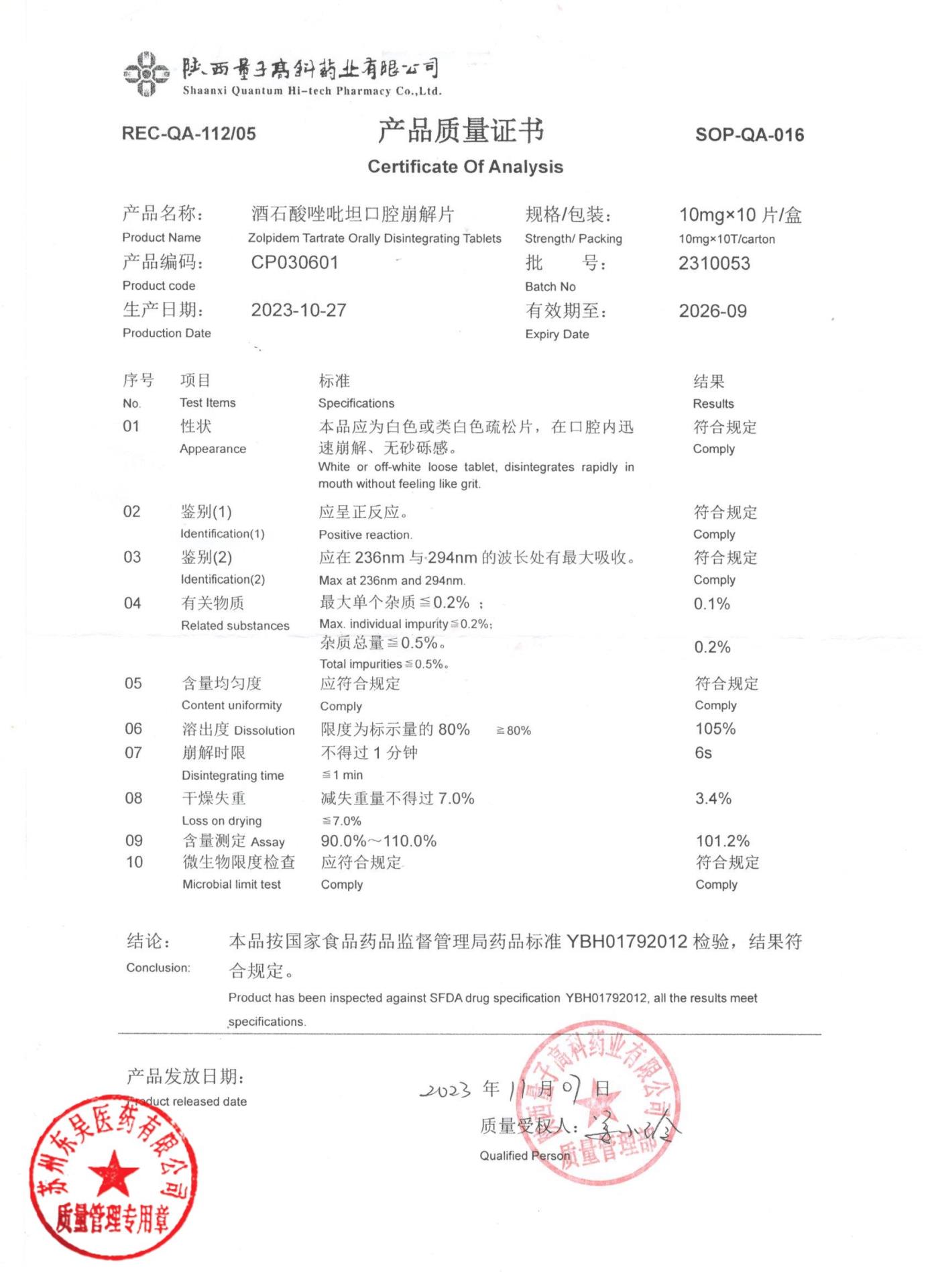 2310053酒石酸唑吡坦口腔崩解片