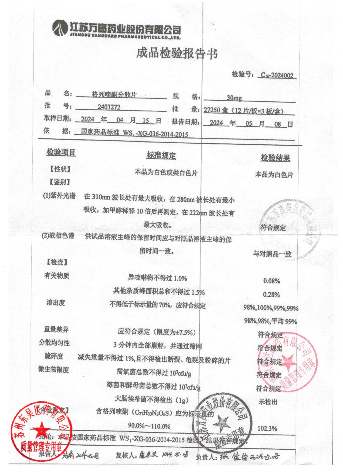 2403272格列喹酮分散片